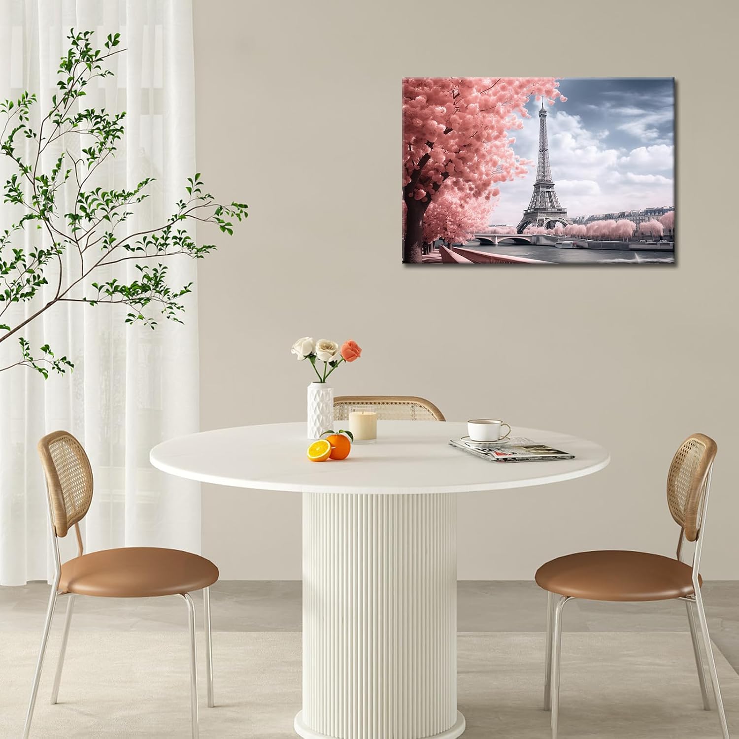 GLOKAKA Paris Eiffel Tower Wall Art - Pink Canvas Wall Art - Tree City Scenery Picture Print Artwork Landscape - Eiffel Tower Wall Decor for Girls Bedroom & Living Room