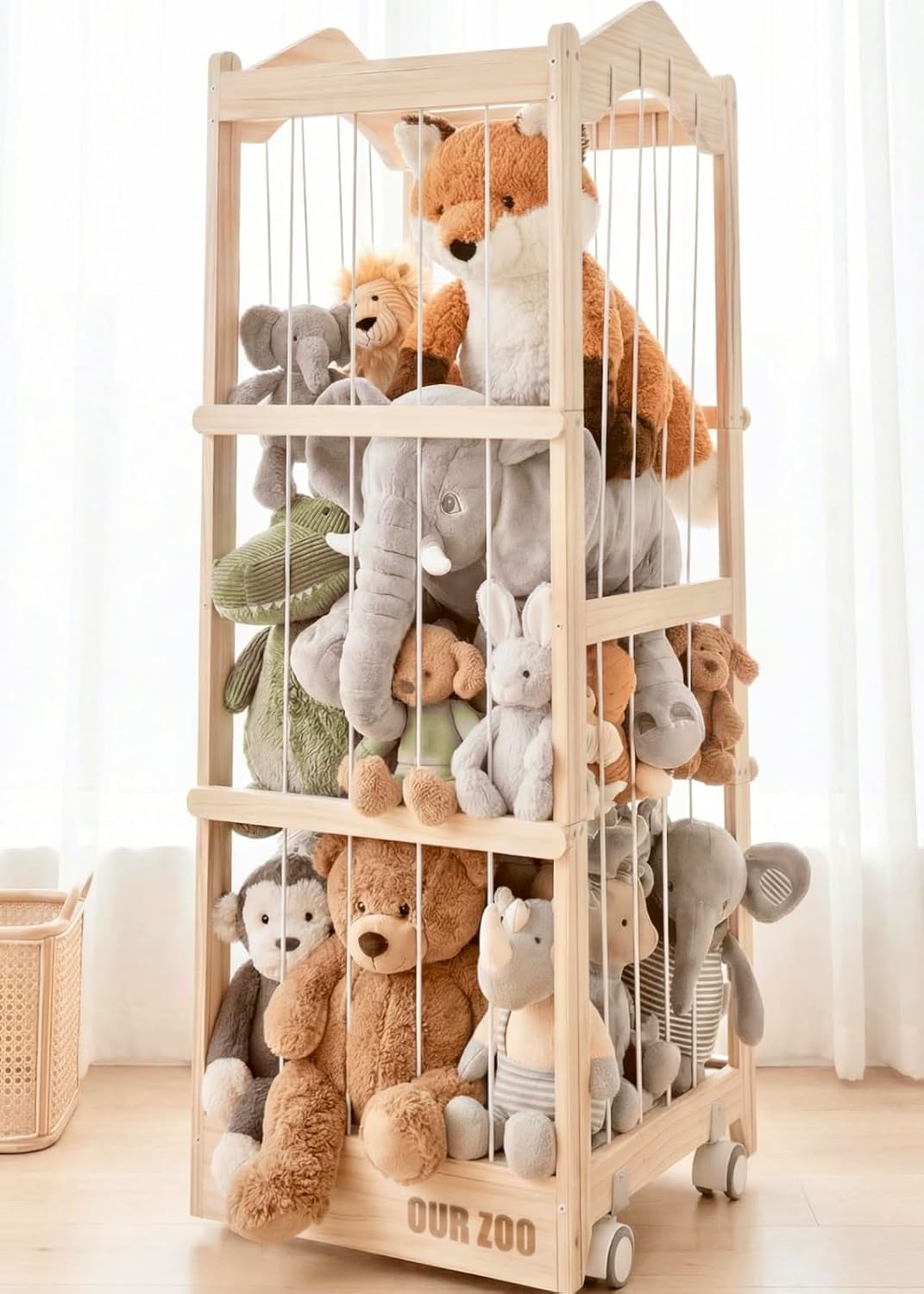 Stuffed Animal Storage - 3 in 1 Wooden Stuffed Animal Organizer with Wheels, Extra Large Stuffy Storage Animal Zoo, Plushies Storage Tower Cage for Kids Toddler Room Decor (16L''x17W''x48H")