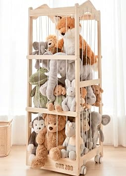 CPC & TIC Certified Stuffed Animal Storage - 3 in 1 Wood Stuffed Animal Organizer with Wheels, Extra Large Stuffy Storage Animal Zoo, Plushies Storage Tower Cage for Kids Toddler Room Decor 48H"