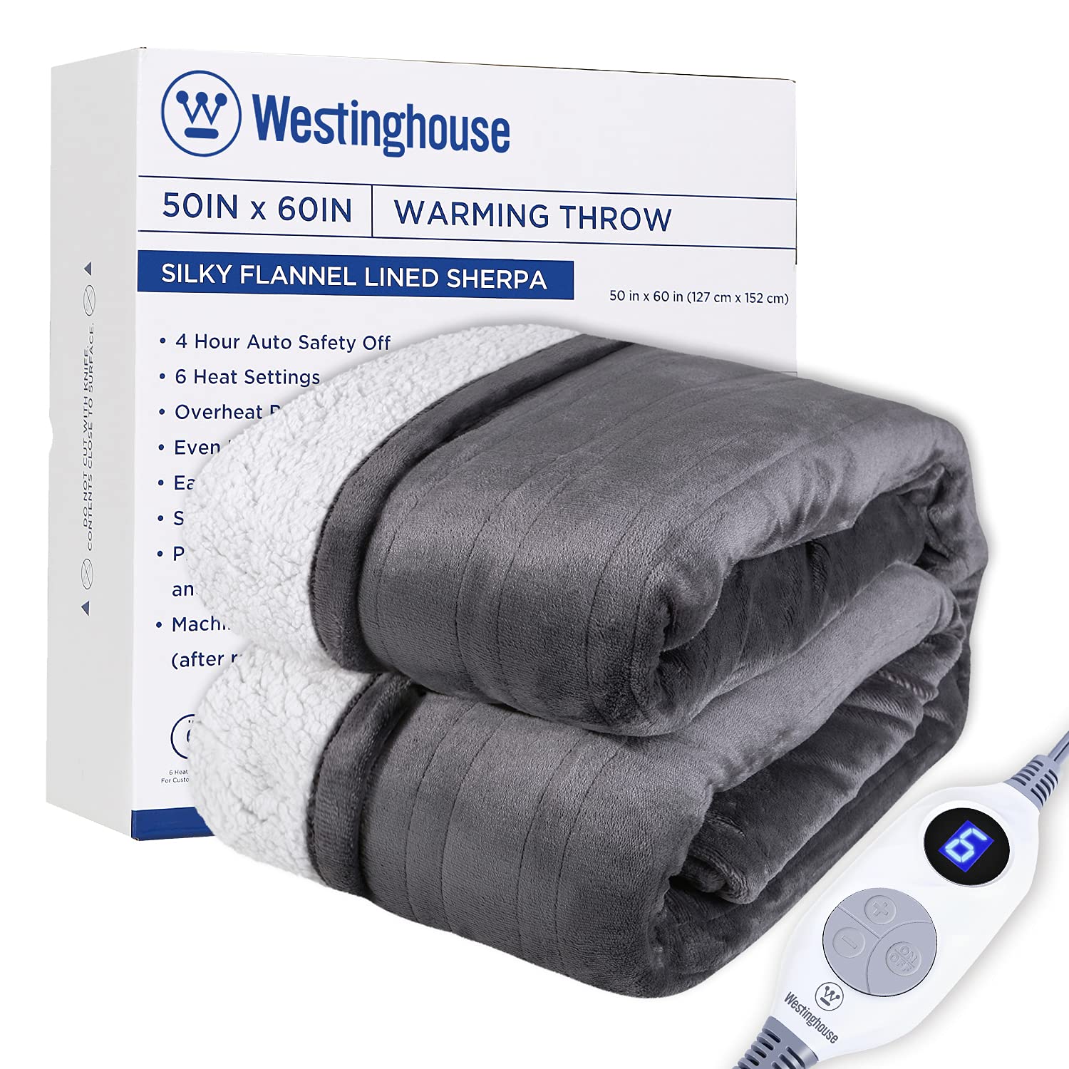 Westinghouse Electric Blanket Heated Throw | 6 Heating Levels & 4 Hours Auto Off | Flannel to Sherpa Reversible 50x60 | Ma...