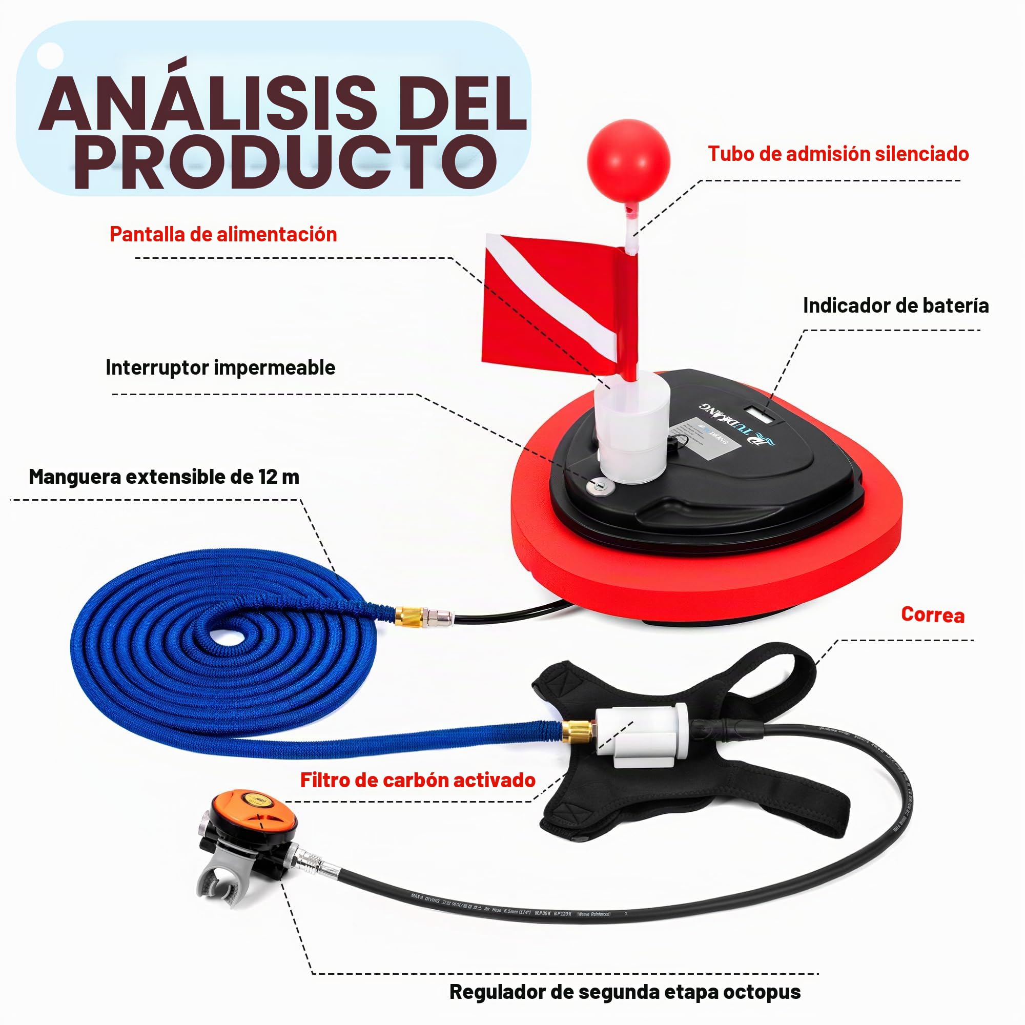 TUDIVING Ventilador de Buceo Mejorado, Tanque de Buceo Recargable portátil Impermeable 3.5H/5H con regulador de respiración, Equipo de Buceo
