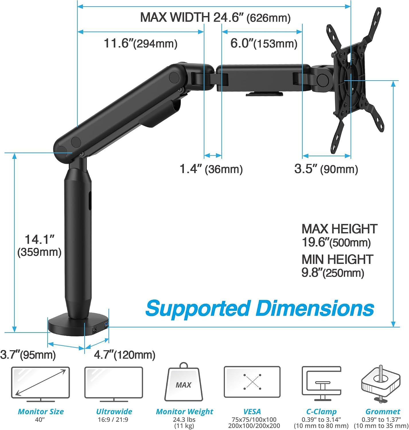 AVLT Single 17"-40" Ultrawide 3-Segment Easel Monitor Arm for Screens Up to 24.3 lbs, Aluminum Designer Stand, Adjustable Pneumatic Height, Full Motion Swivel Tilt Rotation, USB-C&A Ports, Black