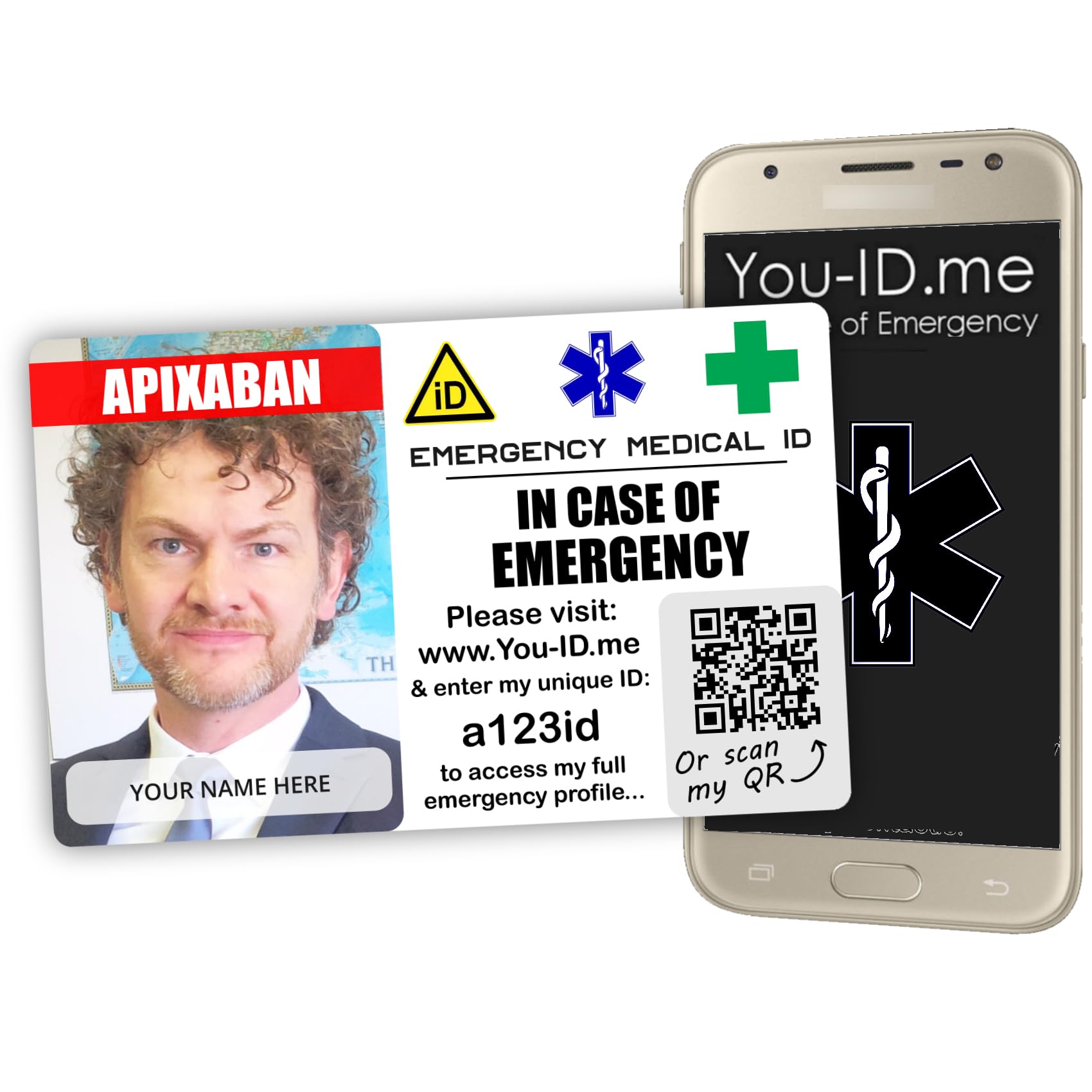 Apixaban Card. Emergency Medical Alert Card for Apixaban User. Emergency Medic ID Card. Carry Vital Info in case of Emergency. Free Phone Access. Can Alert Contacts Phone Fast