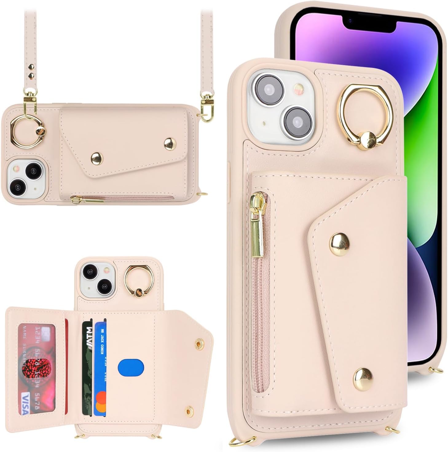 for iPhone 14 Plus Case with Card Holder and Strap - Zipper Pocket,Crossbody Lanyard Strap,Credit Card Holder,Stand Ring,Cute Phone Wallet Case for Women(Beige,6.7 Inch) - Image 2
