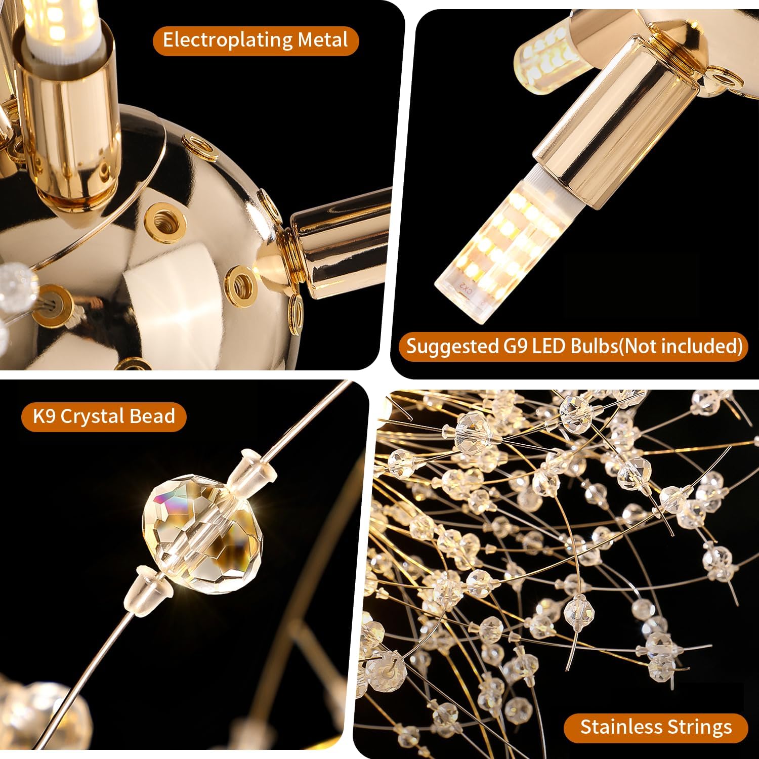 Crystal Chandelier, Firework Modern Beaded Chandeliers, Dandelion Gold Pendant Lamp, Hanging Lighting Fixture for Bedroom, Dining Room, Kitchen, Farmhouse, Hallway, Foyer, 22" Gold 12 Lights