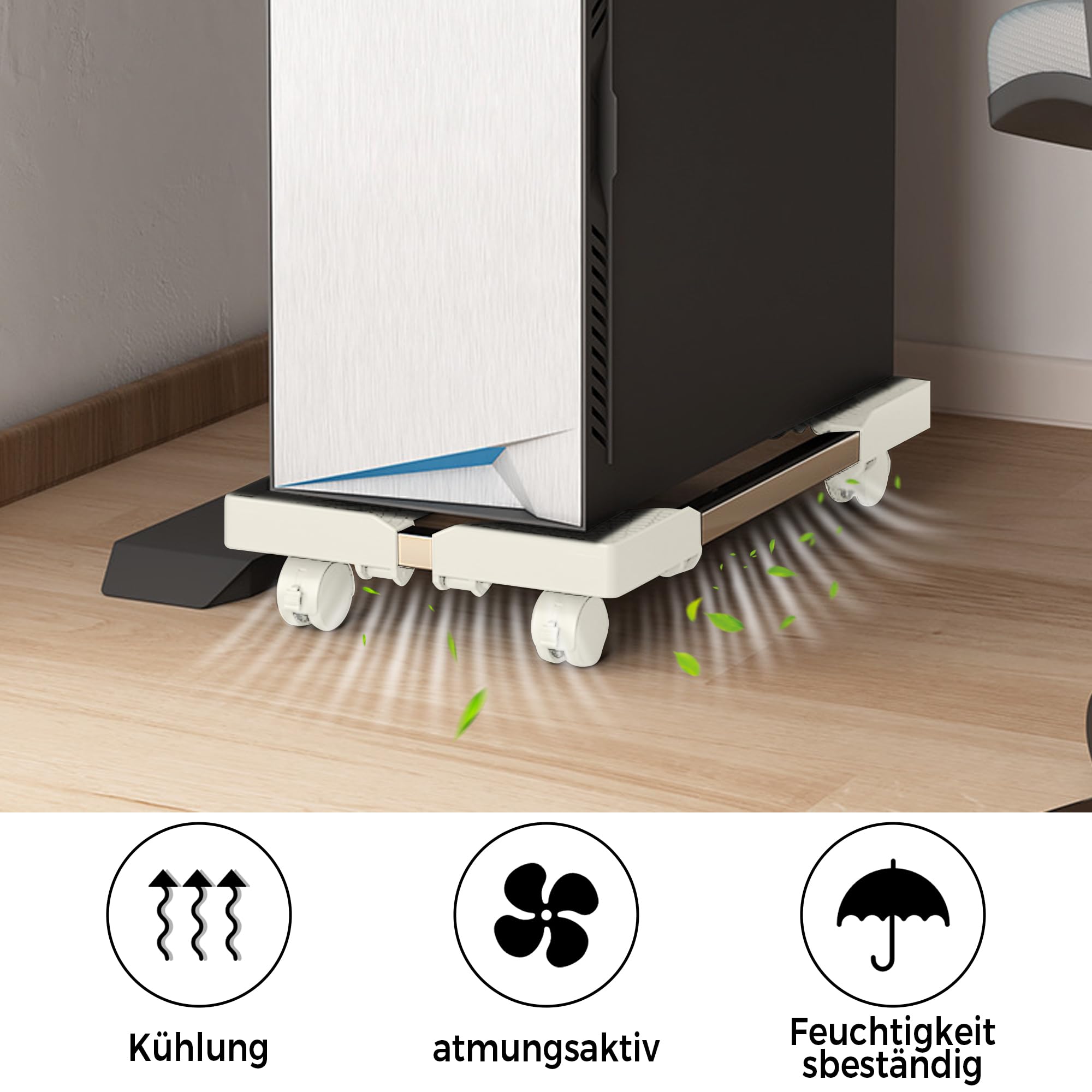 Supporto PC Tower con Ruote Base Regolabile: Telaio in Metallo Robusto per Raffreddamento e Mobilità CPU – Per Lavoro da Casa (Bianco)