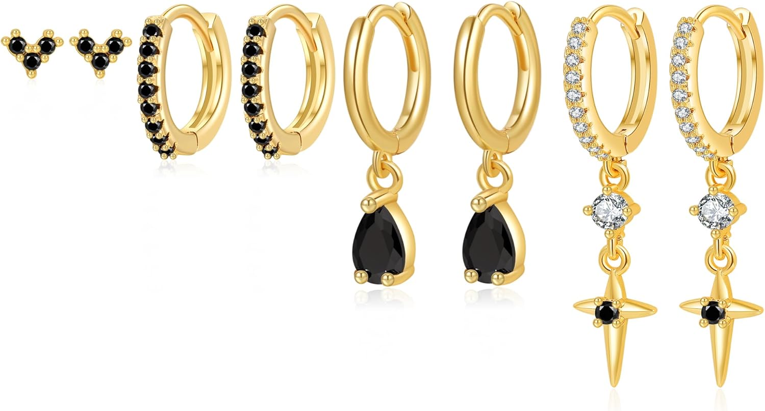 Gold Earrings for Women, 16K Gold Plated Cubic Zirconia Crystal Cartilage Stud Hoop Earrings Set, Dainty Huggie Earrings Stacks, Hypoallergenic Jewelry Gifts