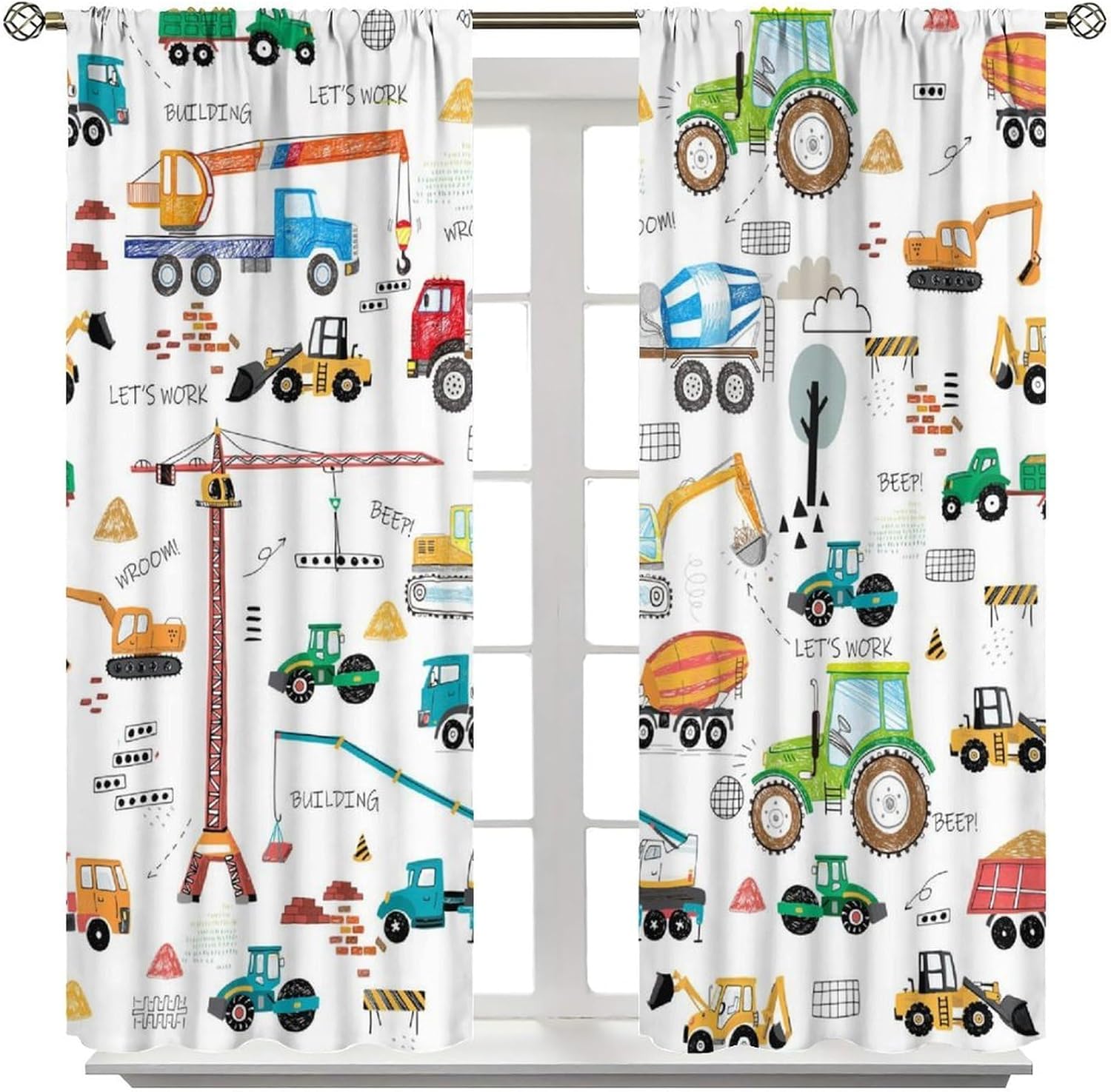 Excavator Blackout Window Curtain, Cartoon Tractor Machinery Trucks Window Treatment Curtain for Kids Boys Bedroom Living Room Nursery 42" W X 45" L
