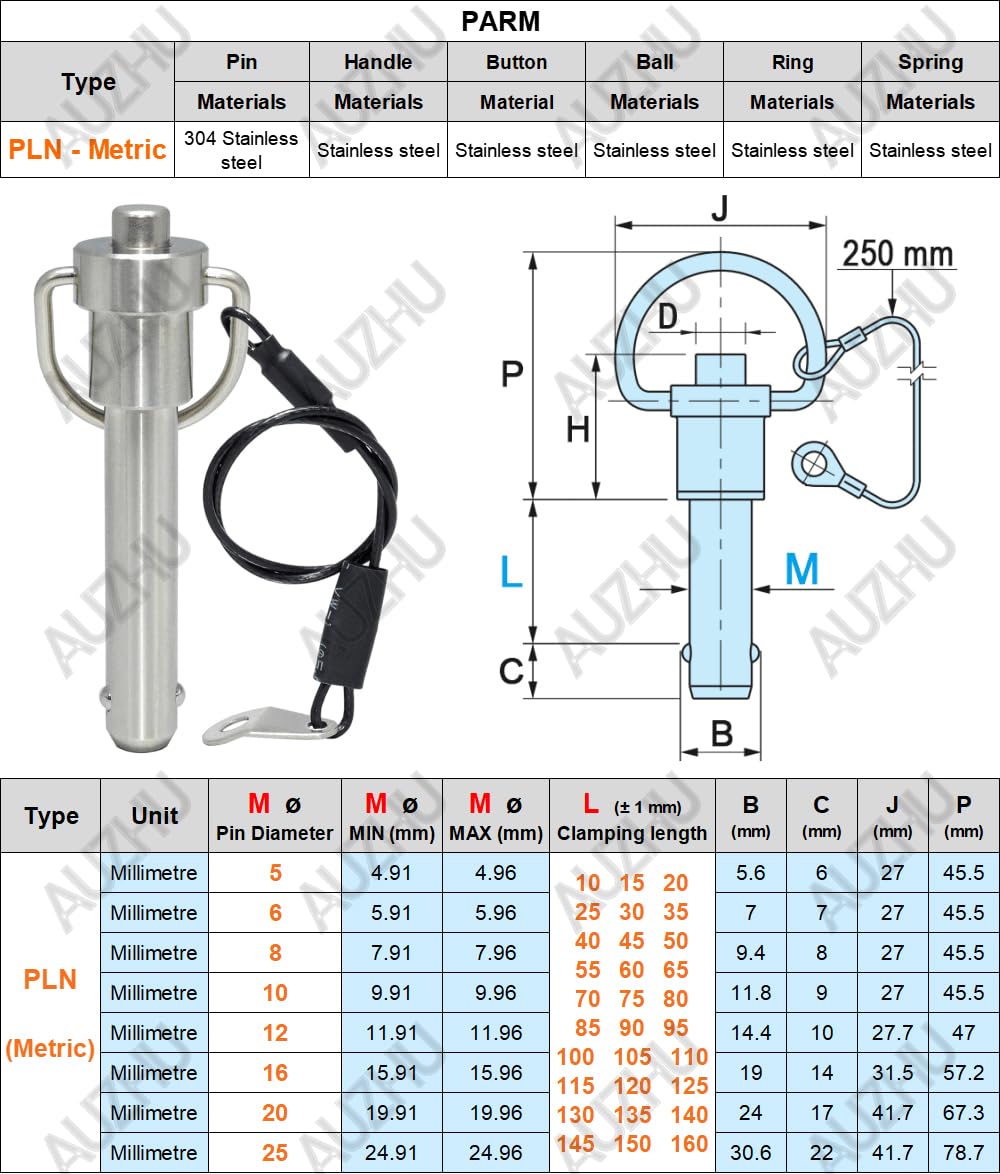 AUZHU- PLN- Metric- Marine Grade Stainless Steel Ball Lock pins Quick Release pin with Button Locating pins Spring pins Indexing pins Positioning pins Safety pins Dowels Size: M16 mm - L150 mm