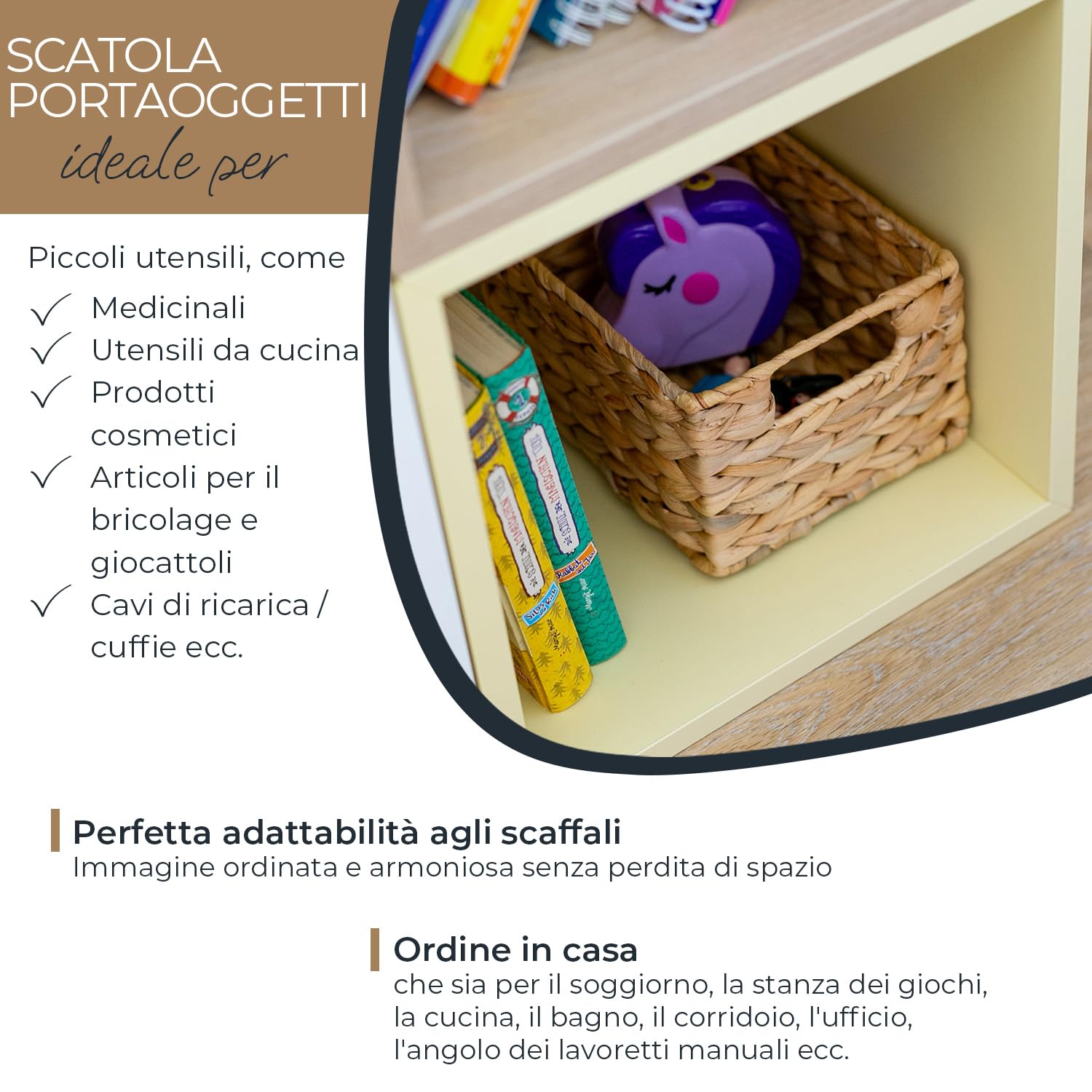 Cestino portaoggetti HMF intrecciato in giacinto d’acqua, cestino decorativo con manici per riporre oggetti in bagno, cucina e zona giorno | Set da 4 | Dimensione S | 22 x 17 x 12 cm | Naturale