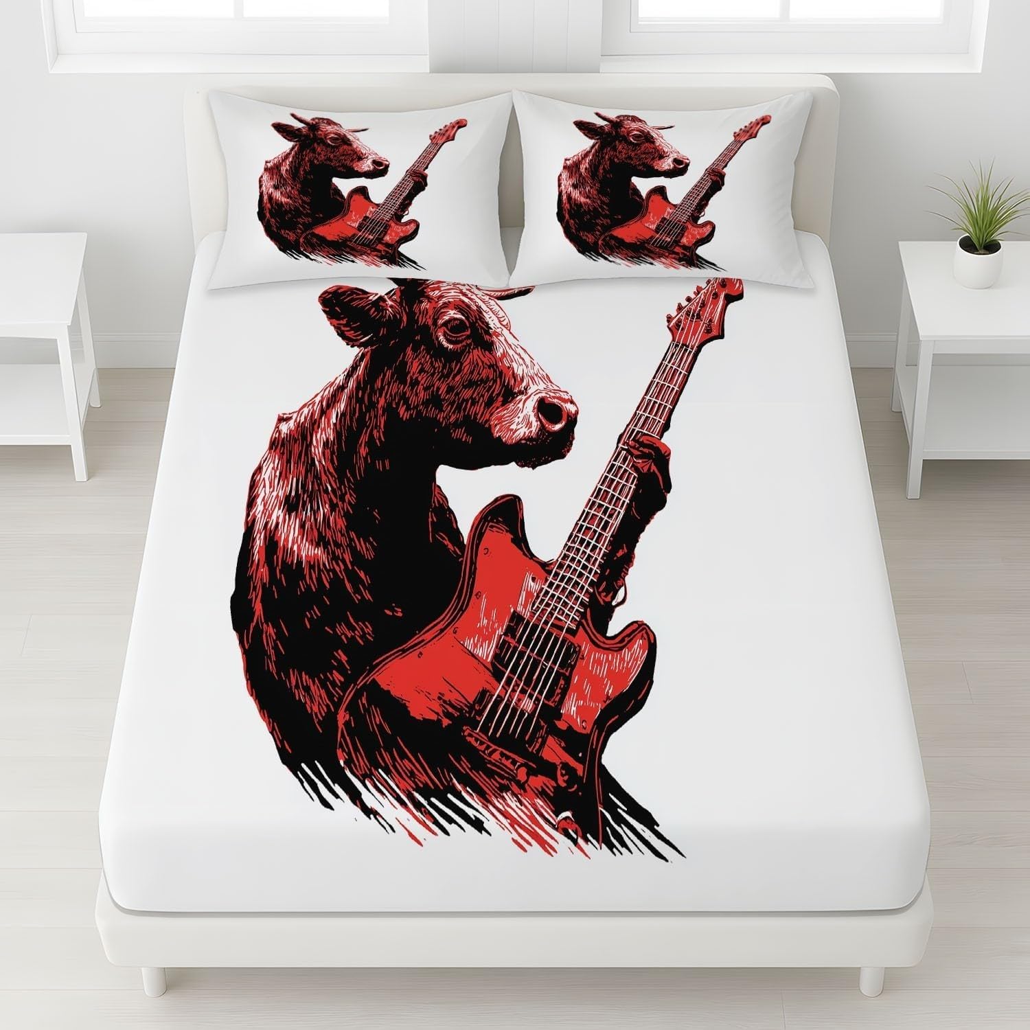 Cow Fitted Sheet Guitar Bed Sheets Deep Pocket 12 inch (30 cm) Soft Cozy 3 Piece Microfibre Bed Sheet 200x200 cm with 2 Pillowcases 50x75 cm