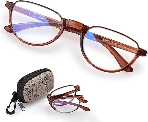 Anteojos de lectura plegables para mujeres y hombres, portátiles con bloqueo de luz azul, lentes de lectura compactas con funda con cremallera