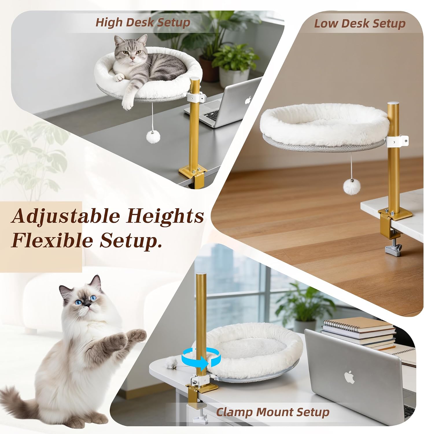 Cat Desk Bed Clamp-On Hammock, 360 Rotating Perch for Desk, Chair & More | A 360-rotating clamp-on cat hammock with a golden pole and toy ball - mounts to desk, table, chair, headboard, or nightstand