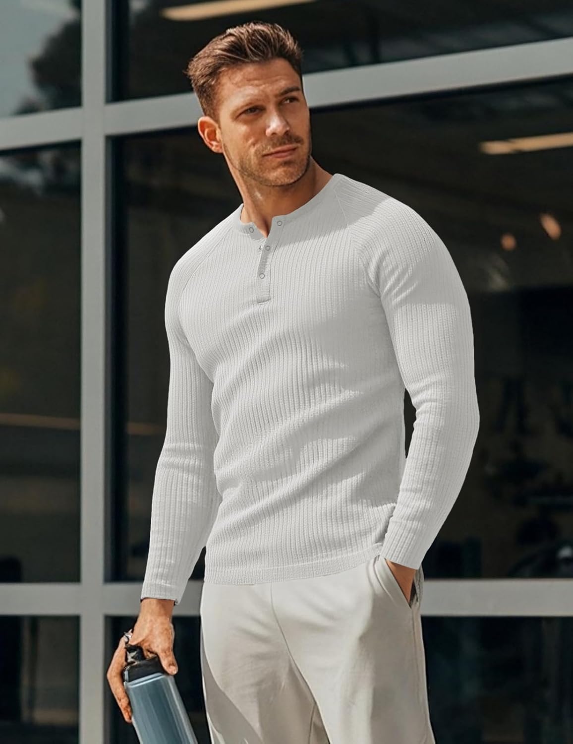 Men's Cotton Muscle Henley Shirts Slim Fit Long & Short Sleeve T-Shirt Stretchy Casual Stylish Ribbed Tee - Image 3