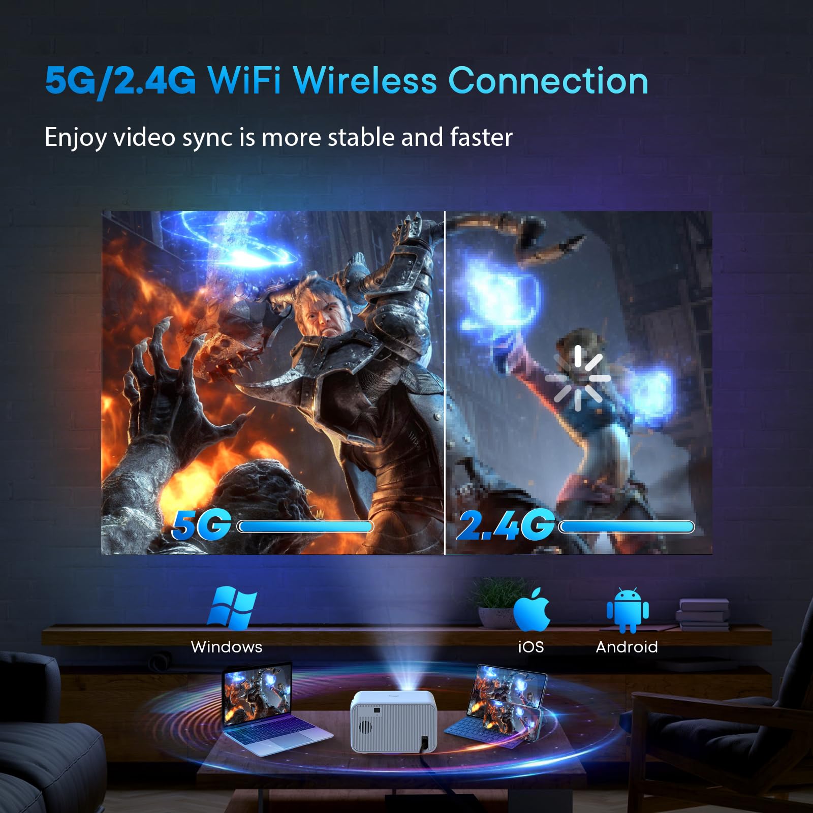 Proyector 1080P Nativo, 450 ANSI Lumens 4K Compatible Con Mini proyector, Android 9.0,corrección trapezoidal 4P/4D, 5G WiFi Wireless Screencast para iPhone