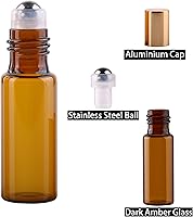 Vista 5 de MaxMau Paquete de 24 Botellas de Vidrio Ámbar de 5ml para Aceites Esenciales, Botella Roll-on con Bolas Rodantes de Acero Inoxidable, Tapas Pintadas