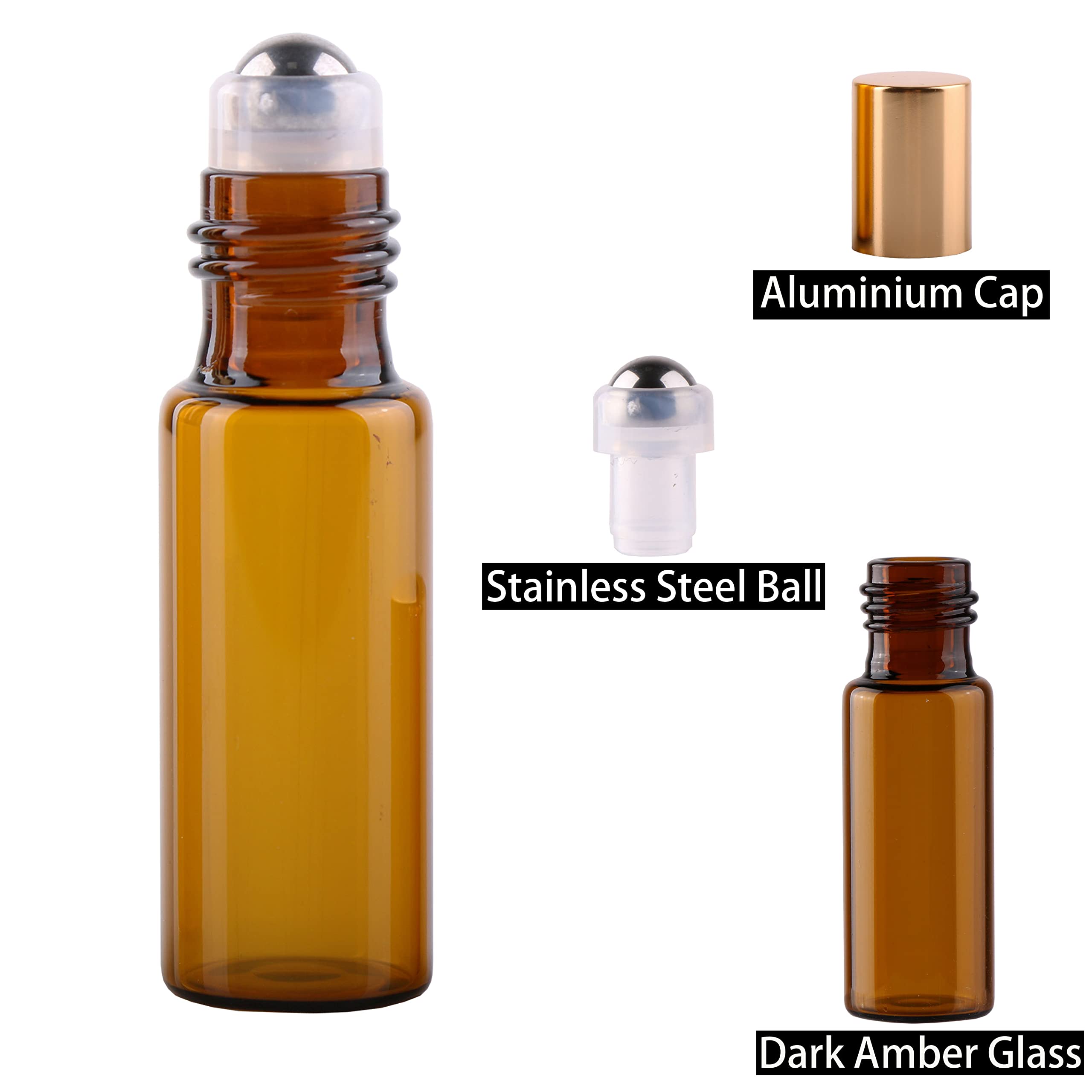 MaxMau Rollerflaschen für ätherische Öle, 100 Stück, 5 ml, nachfüllbar, bernsteinfarbene Glasflasche, Metall, Roll-On-Ball, goldener Kappe