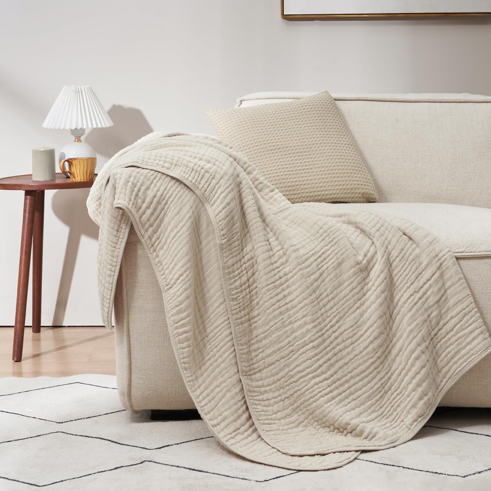 phf cooling muslin throw blanket 50"x70", 6-layer lightweight gauze blanket made from 35% rayon derived from bamboo & 65% cotton, breathable & ultra soft cozy for hot sleepers, french oak