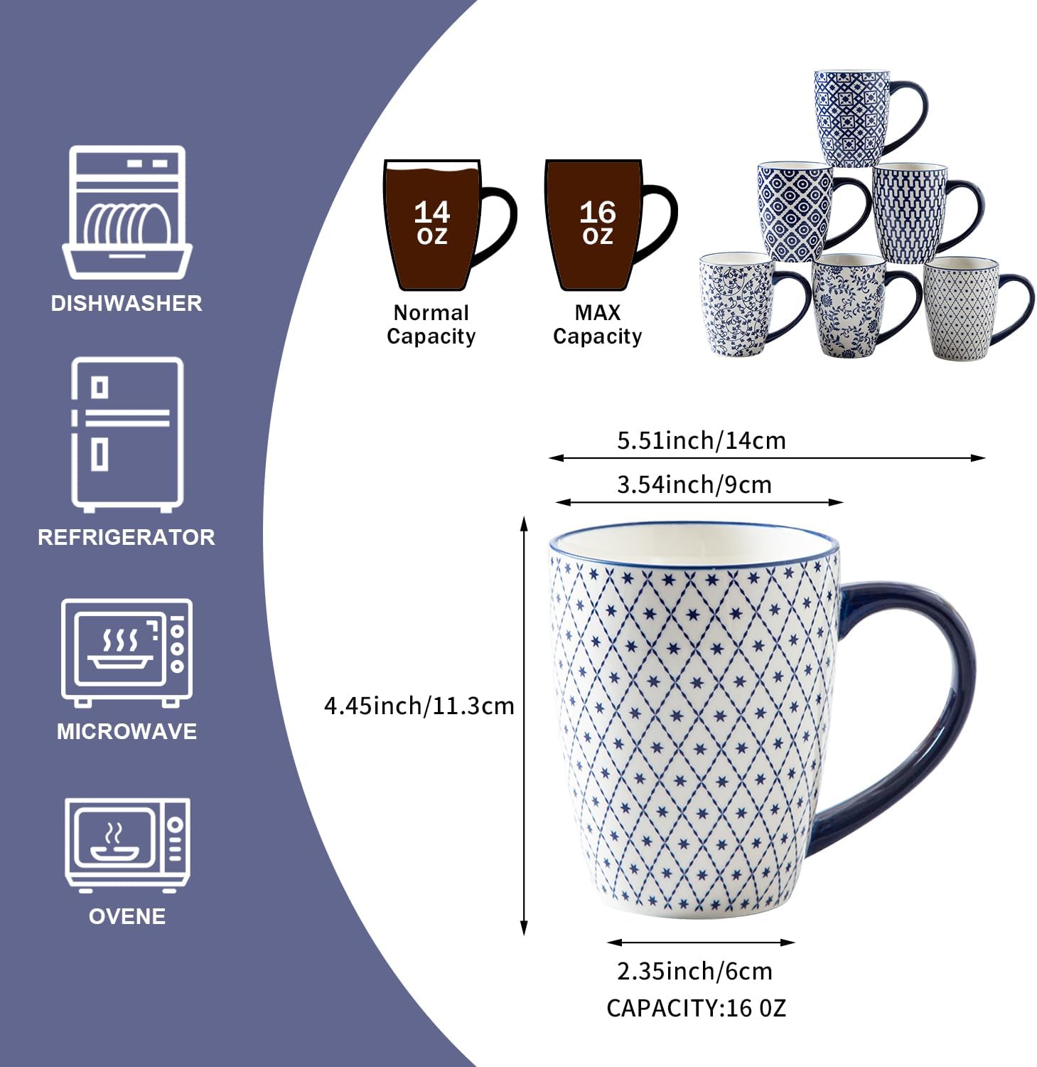 Ceramic Coffee Mugs Set - 16 Oz Large Porcelain Tea Cups with Handle for Men Women Latte Cocoa Cappuccino - Christmas Housewarming Gift - Dishwasher Safe - Set of 6 - Vintage Blue - Image 4