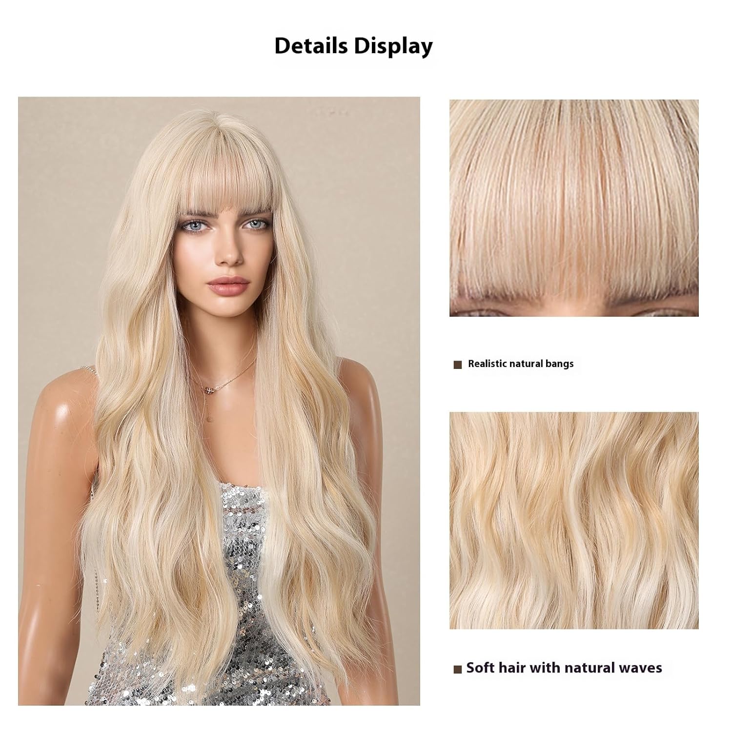 Women's Platinum Blonde Style Wavy Human Hair Wigs Long Big Curly Hair With Bangs Lightweight Breathable Glueless for Daily Use (Blonde-1,26inch)