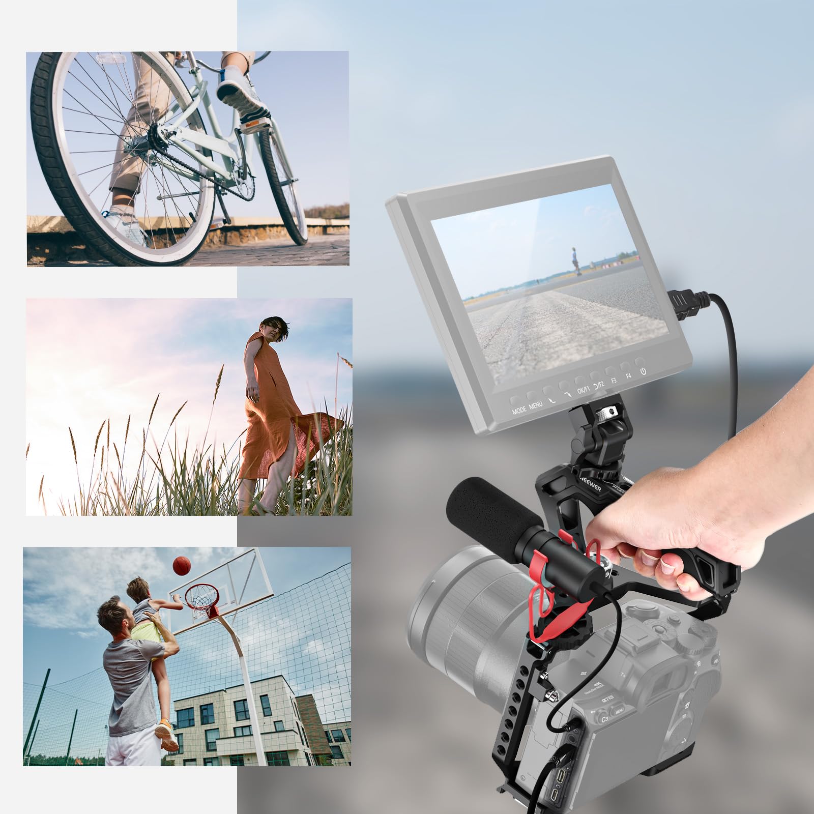 NEEWER Impugnatura superiore per fotocamera con 3/8", comoda impugnatura in silicone con filettatura da 1/4" 3/8", Cold Shoes, panno per la pulizia, compatibile con SmallRig Handles Gabbie video Rigs
