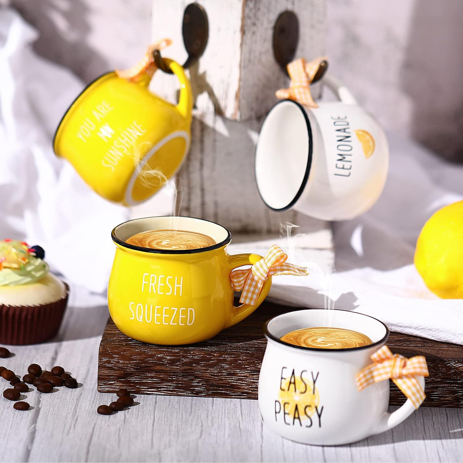 Patelai 4 Pcs Lemon Cups Mini Coffee Mug 5 oz Espresso Cups Set with Handle Lemon Tiered Tray Decor for Coffee Bar Decoration Holiday Party Gift