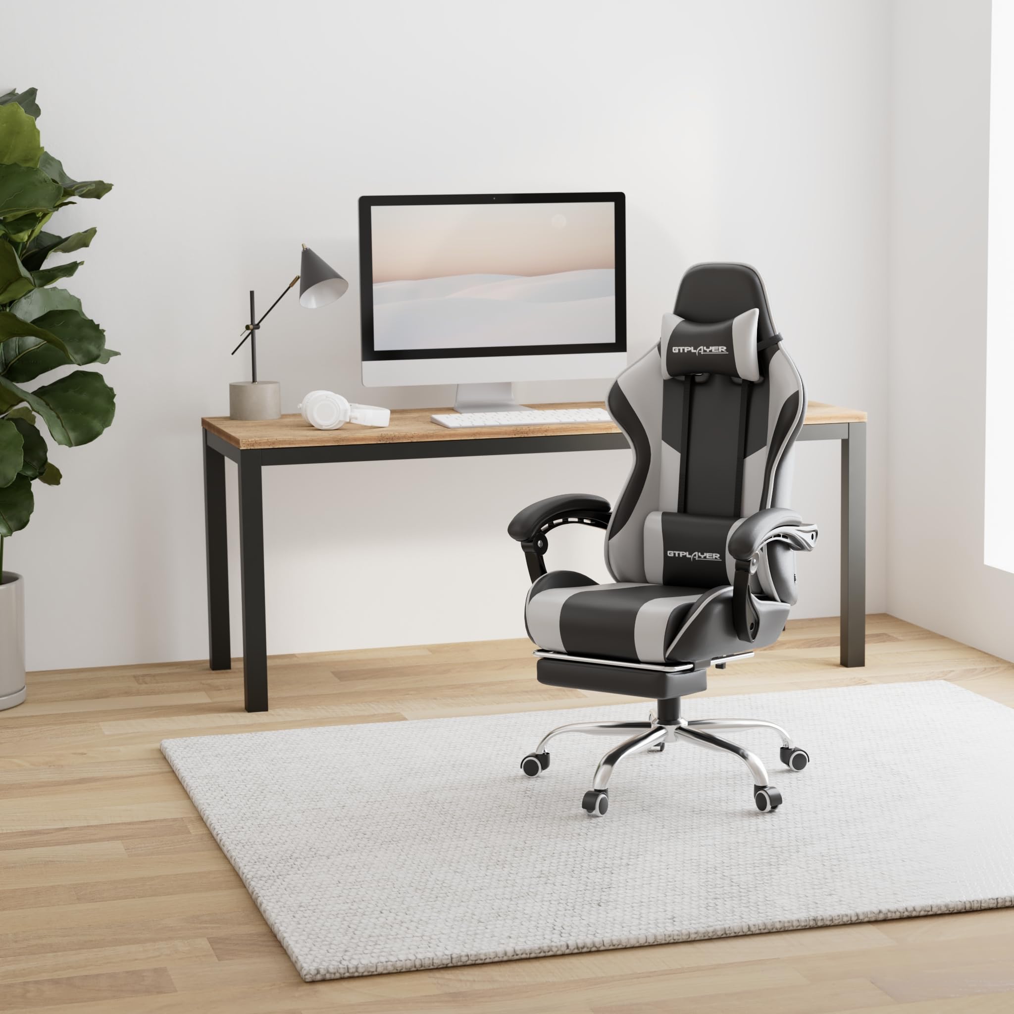 GTPLAYER Sedia da gaming massaggiante ergonomica per computer, con poggiapiedi e supporto lombare, regolabile in altezza, sedile girevole a 360° e poggiatesta, per ufficio, colore bianco