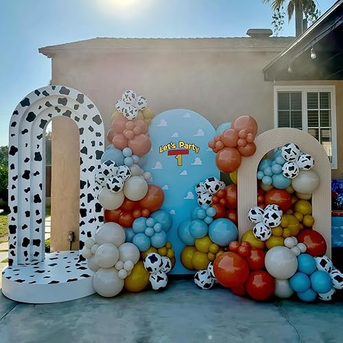 Miniatura 7 de Kit de arco de globos del oeste, 123 piezas retro naranja quemado pastel, azul mostaza, amarillo mostaza con estampado de vaca, globos de impresión