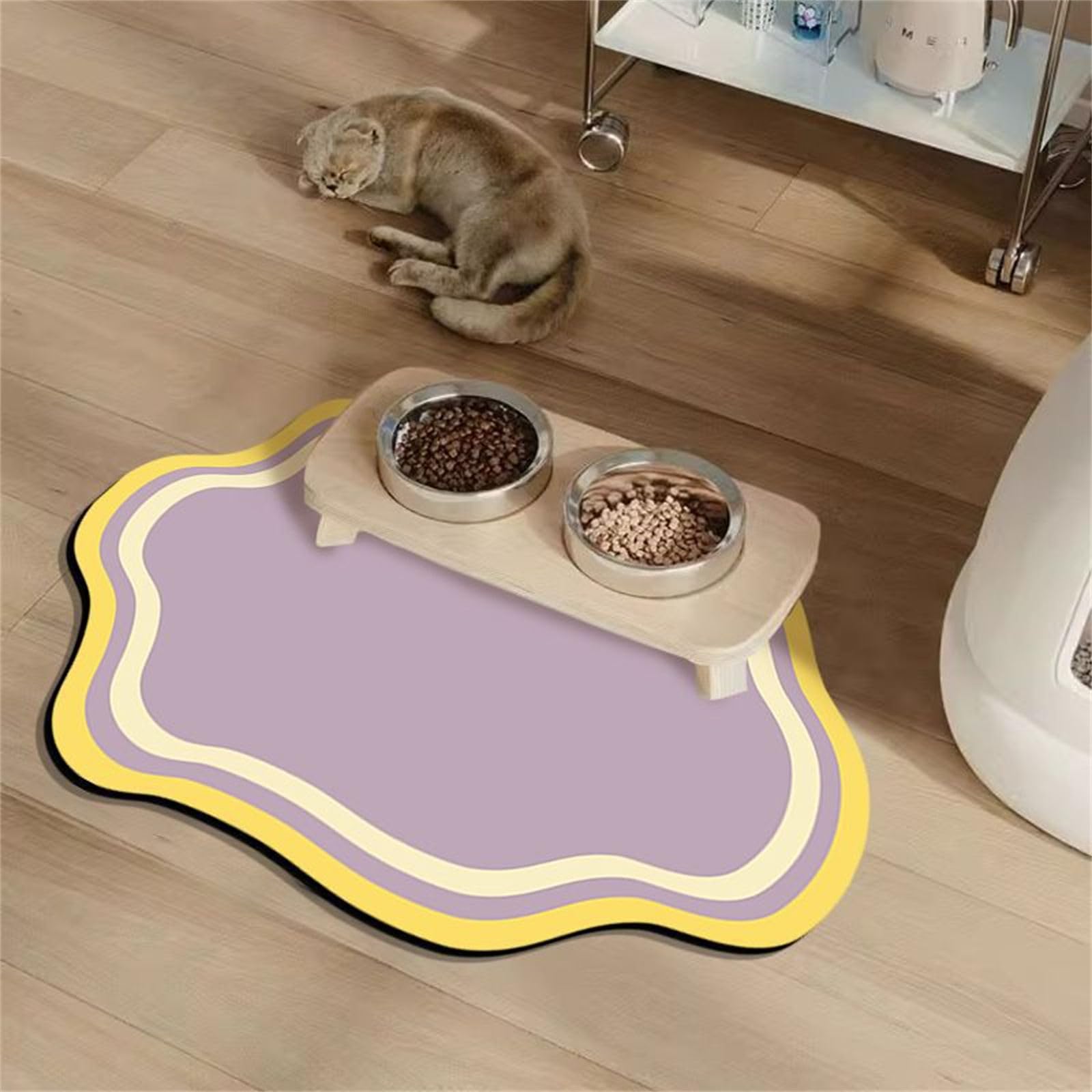 Hearda Absorbent Pet Food Mat, Irregular Shape Pet Mats for Food Bowls Pet Feeding Mat Dog Bowl Mats Non Slip Quick Dry Water Dispenser Mat Durable Dog Food Placemat (60x90cm,Purple)