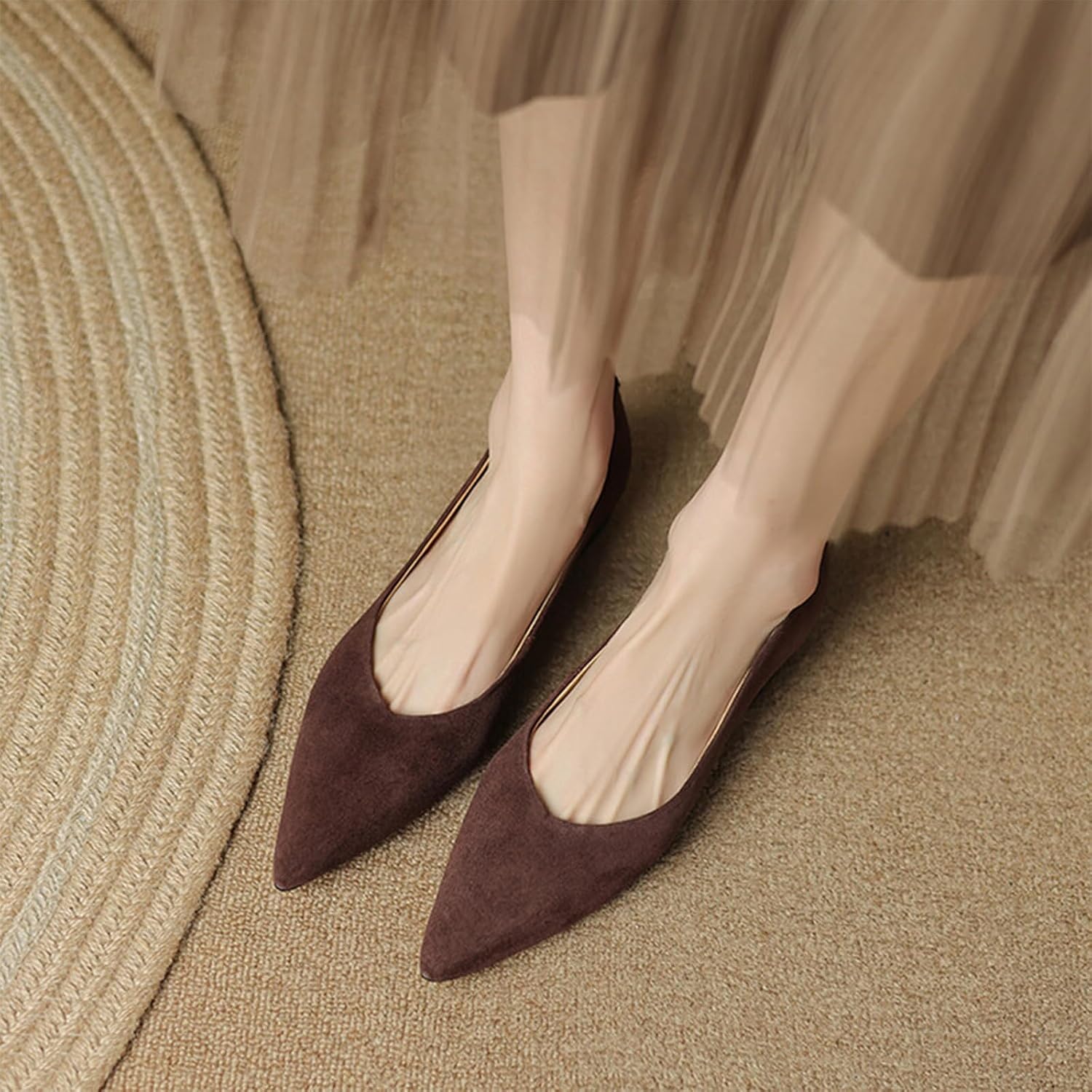 Womens Pointed Toe Ballet Flats Faux Suede Comfortable Slip On Shallow Mouth Low Block Heel Flat Dress Shoes for Prom Casual Daily All Season