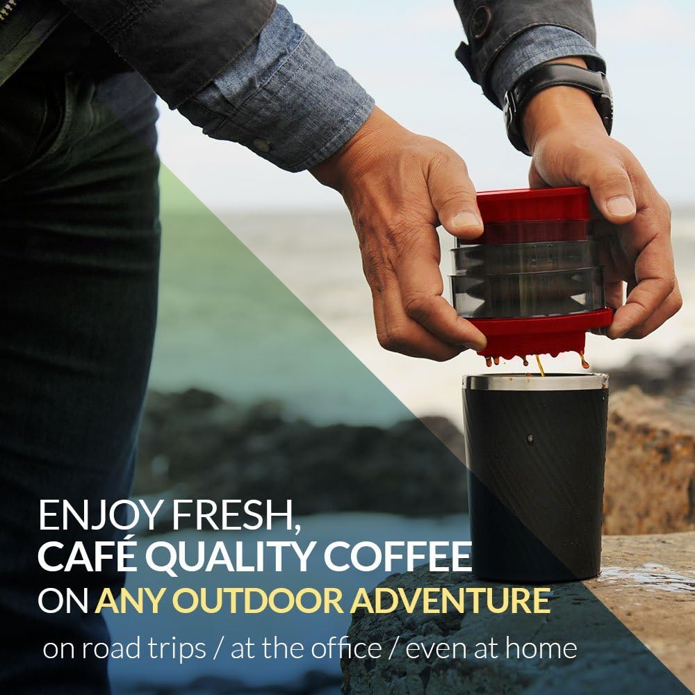 Cafflano Kompact Portable Coffee Maker - Red - Travel Hot and Cold Coffee Brewer French Press Pour Over - Travel Coffee Pot Cup