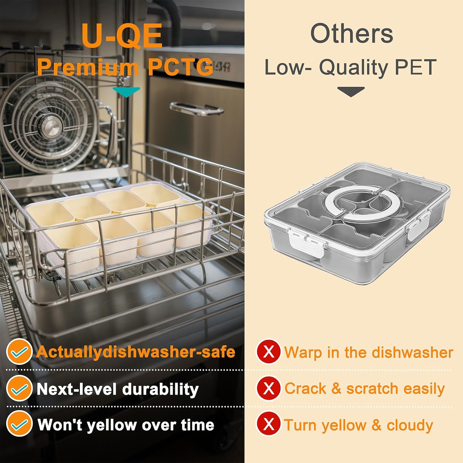 U-QE 2Pcs Dishwasher Safe Snackle Box Container with 8 Small Snacks Box - Premium Ivory Plastic Divided Serving Tray with Lid and Handle for Snack,Veggie,Fruits,Perfect for Party, Picnic, Entertaining