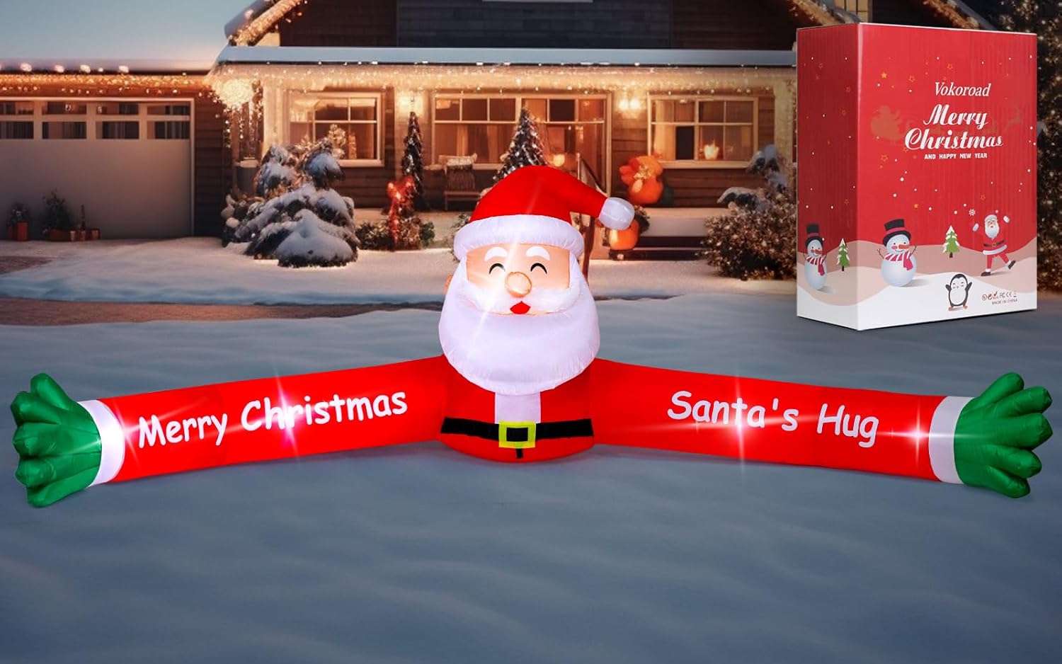 10FT Christmas Santa Claus Long Arm Inflatables Outdoor Decorations, Christmas Blow Up Hug Santa Claus Decoration with 5 x Bright LED Lights for Lawn Street Garden Xmas Holiday Party, Instant Inflate