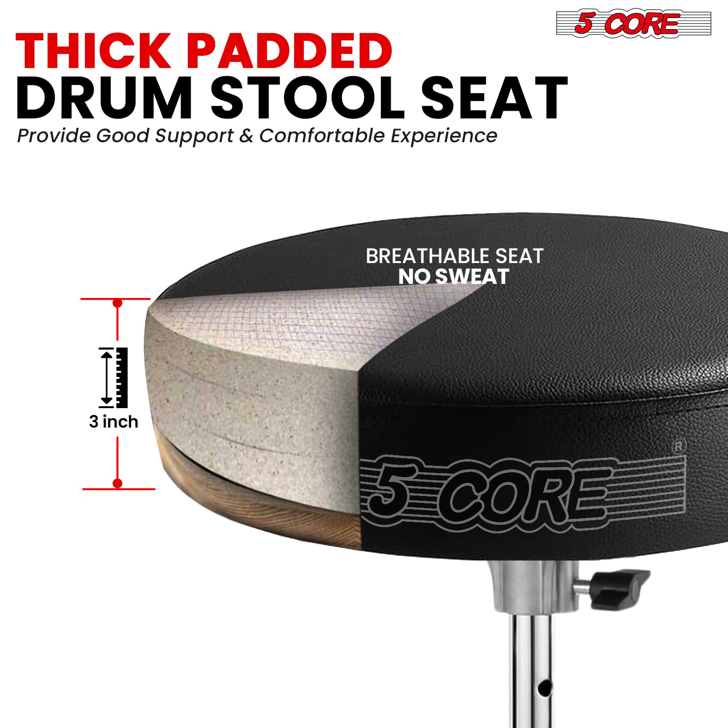5 CORE Drum Throne Padded Guitar Stool Height Adjustable Music Chair for Adults and Kids w Anti Slip Rubber Feet - DS BLKCH BLK