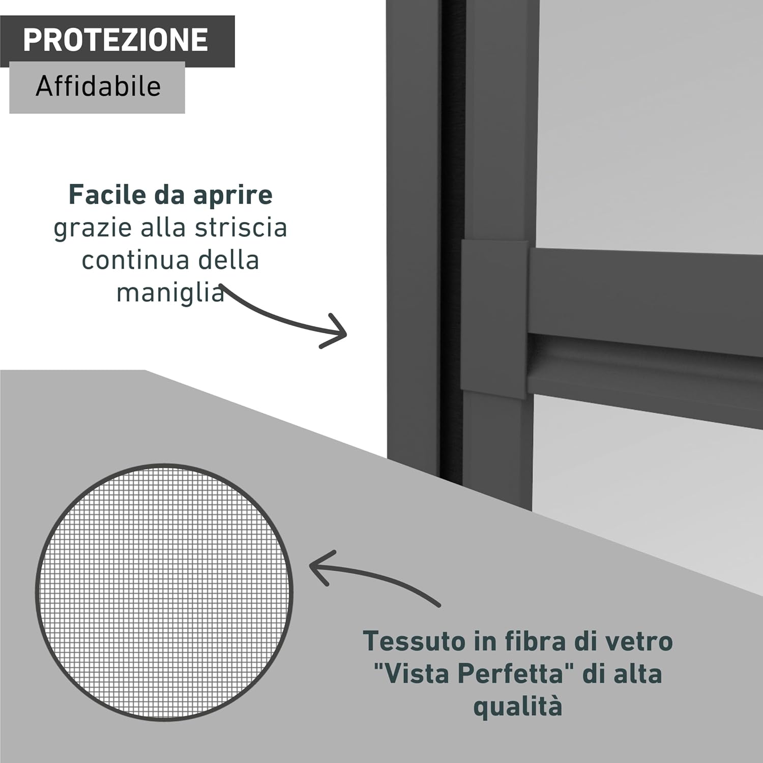 Close-up of the Perfect View fiberglass fabric and easy-open handle strip.