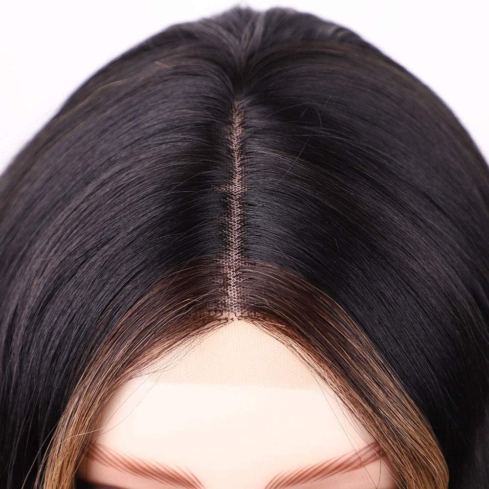 Ombre Black Brown Wavy Wig with Pieced Lace Hairline Simulated Scalp Heated Synthetic Hair Replacement Wig14in
