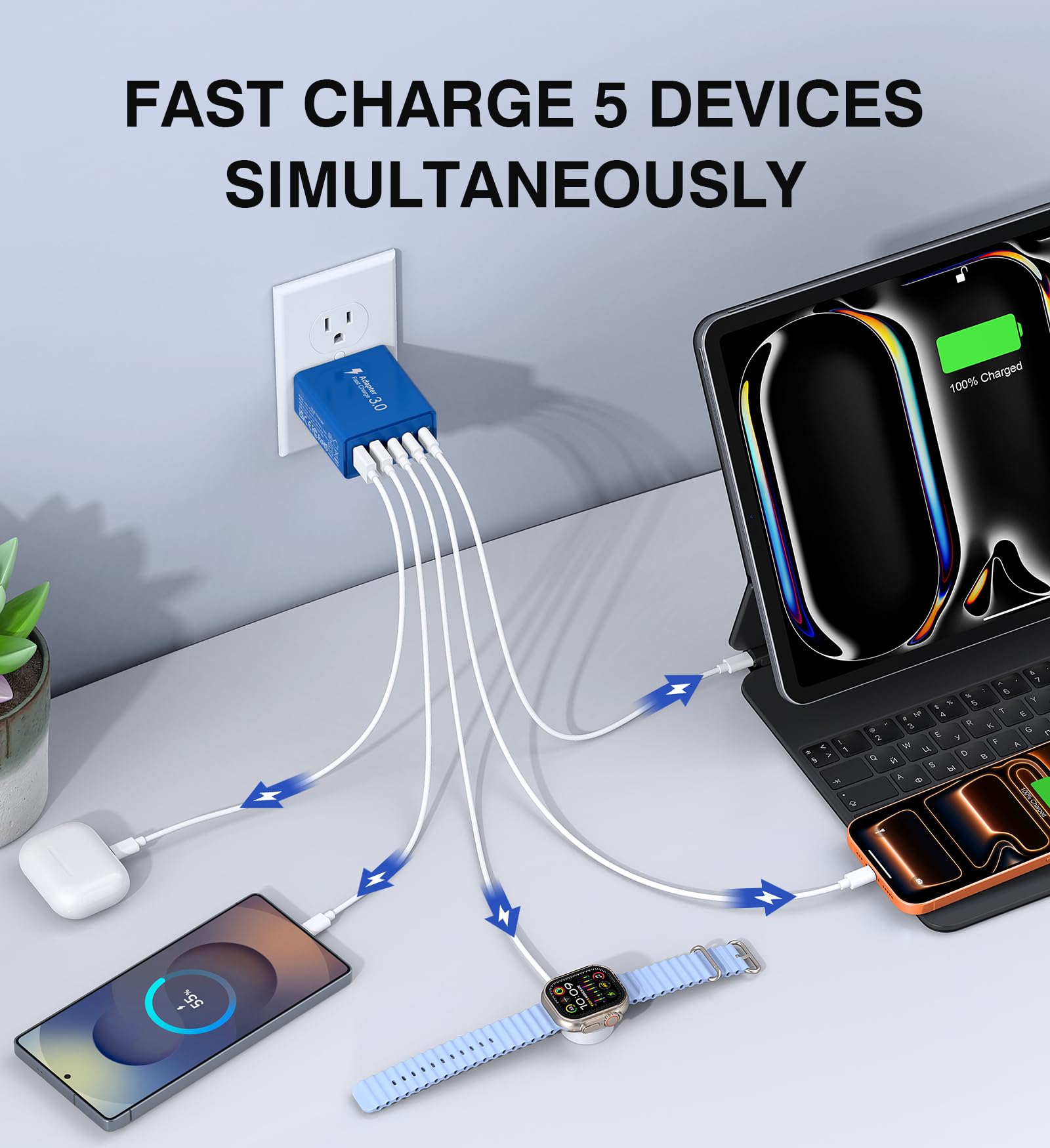 Chargeur rapide USB-C 50 W, lot de 2, bloc de charge PD+QC, adaptateur secteur, prise murale 5 ports, pour iPhone 15 14 13 12, Motorola, LG, Google Pixel