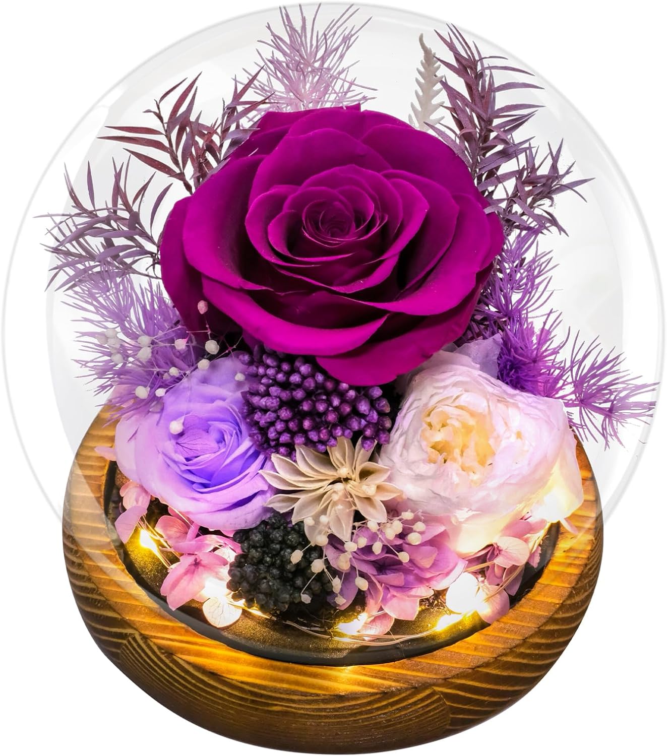 Preserved Flowers for Mom - Preserved Purple Roses in Glass Dome with LED Light for Girlfriend, Eternal Real Flowers for Women, Unique Long-Lasting Gift to Celebrate Christmas (Prime Delivery)