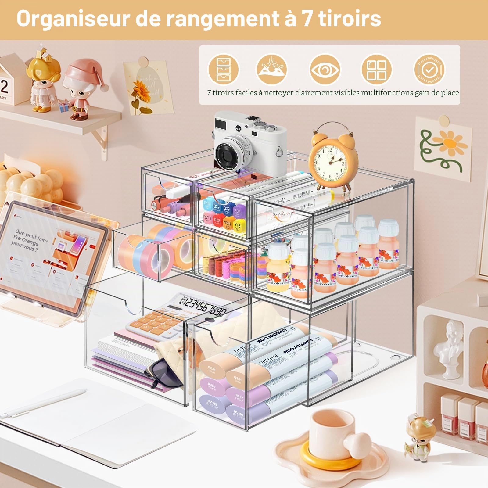 Lot de 7 tiroirs de rangement empilables en acrylique transparent avec 7 tiroirs de rangement pour bureau, salle de bain, chambre à coucher