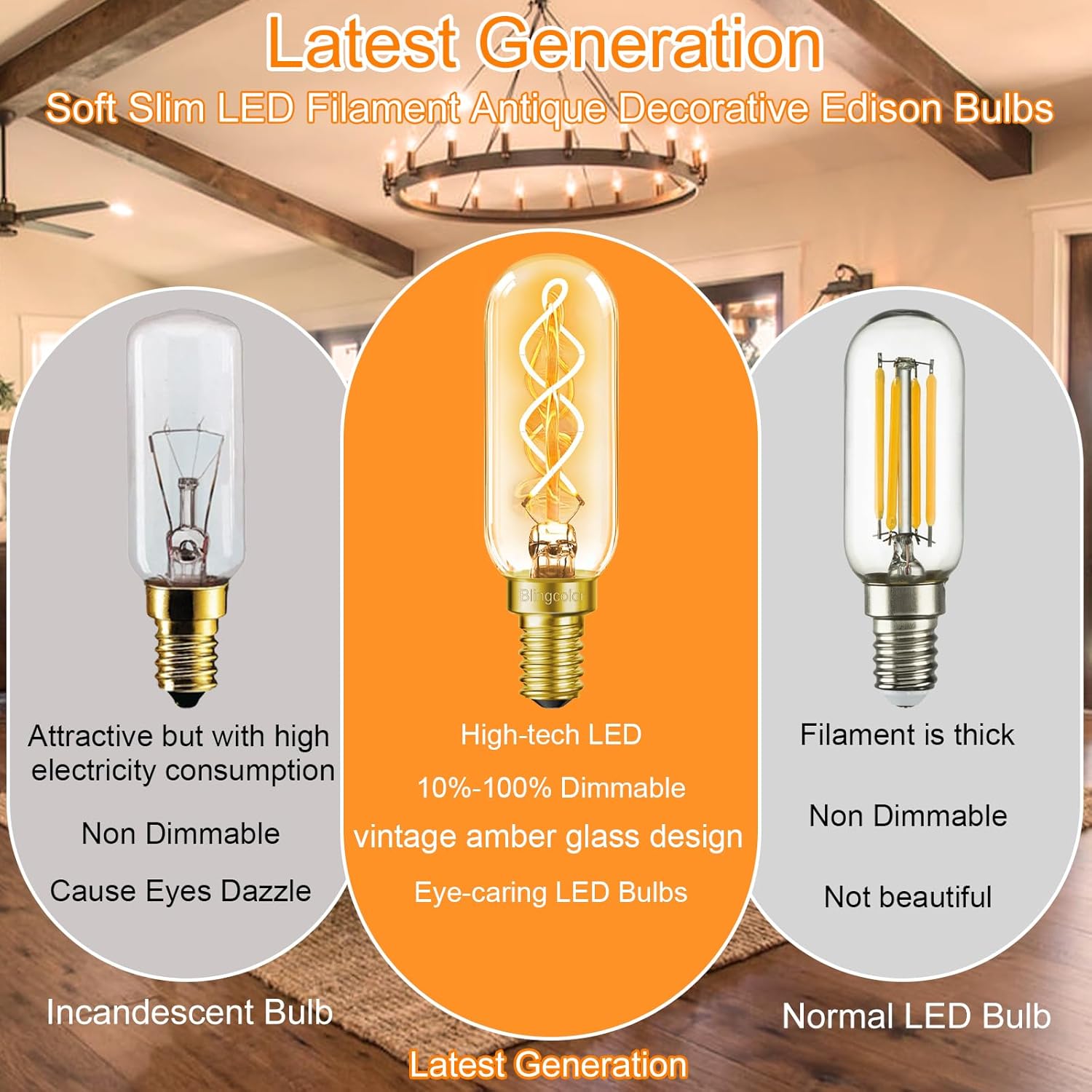 BLINGCOLOR Dimmable E12 LED Edison Candelabra Bulbs 40 Watt Equivalent, 6 Pack E12 4W LED Candelabra Amber Warm Light Bulbs 2200K, T25/T6 Tubular Decorative Warm Light Bulbs for Lantern Chandelier