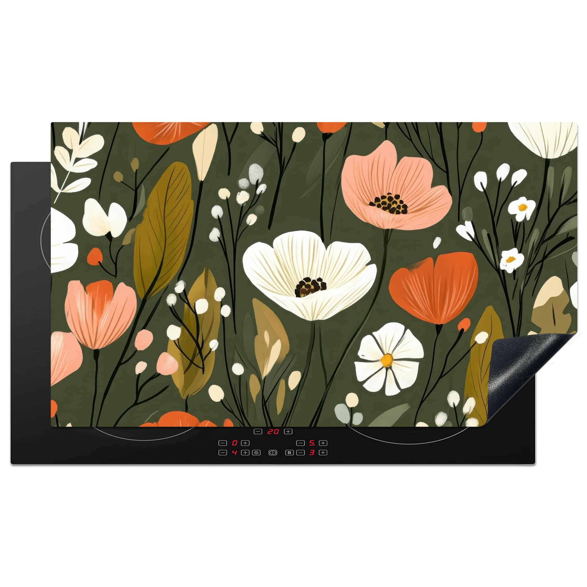 KitchenYeah© Induction Hob Cover Protector Mat 20.5"x35.4" / 90x52 cm Kitchen Universal Ceramic Covers for Electric Cookers Vinyl Flowers - Illustration - Green — image 1