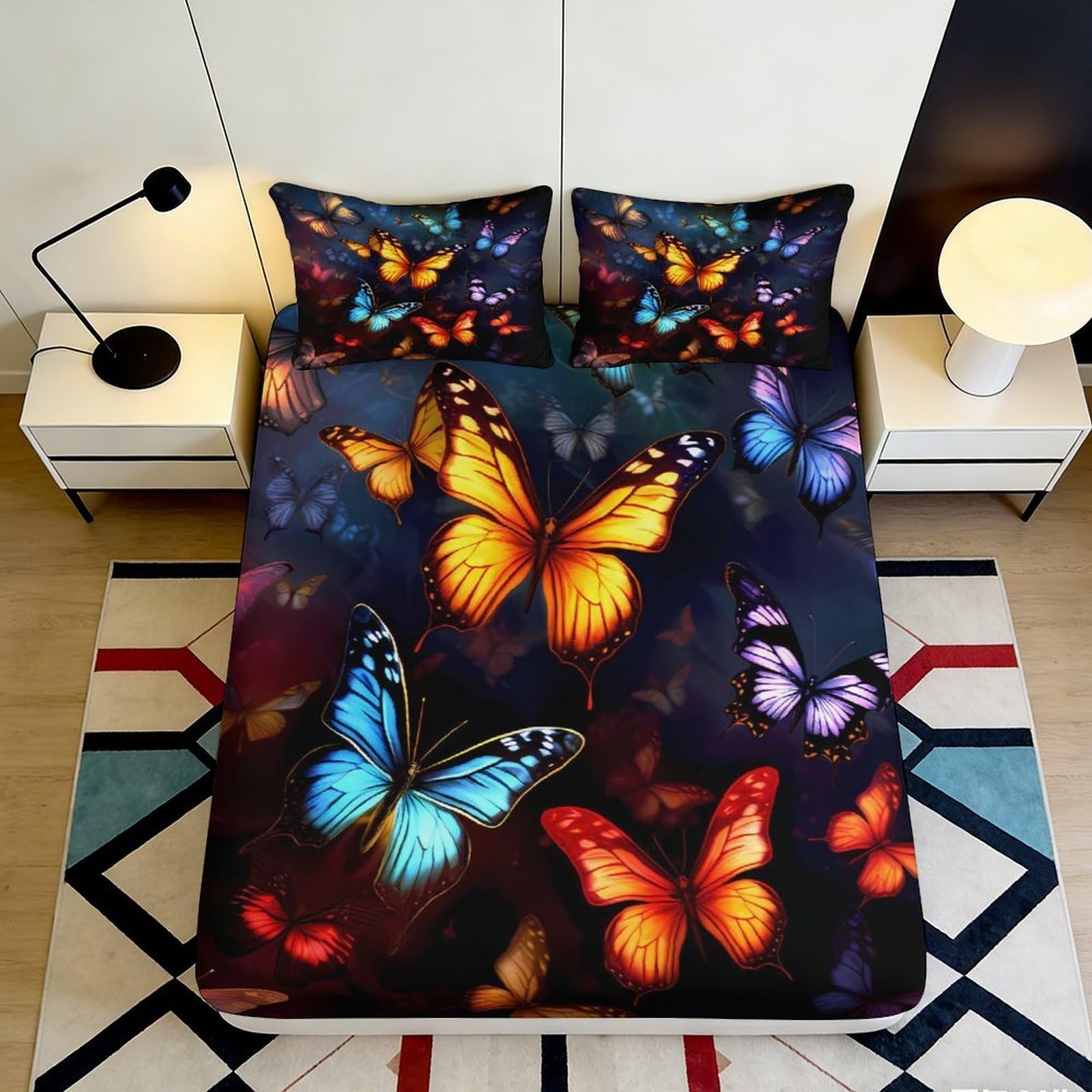 3D Printed Colorful Butterfly Fitted Sheet Microfiber Soft Bedroom Decor Artistic Mattress Cover for Home Dorm 90x200x25cm