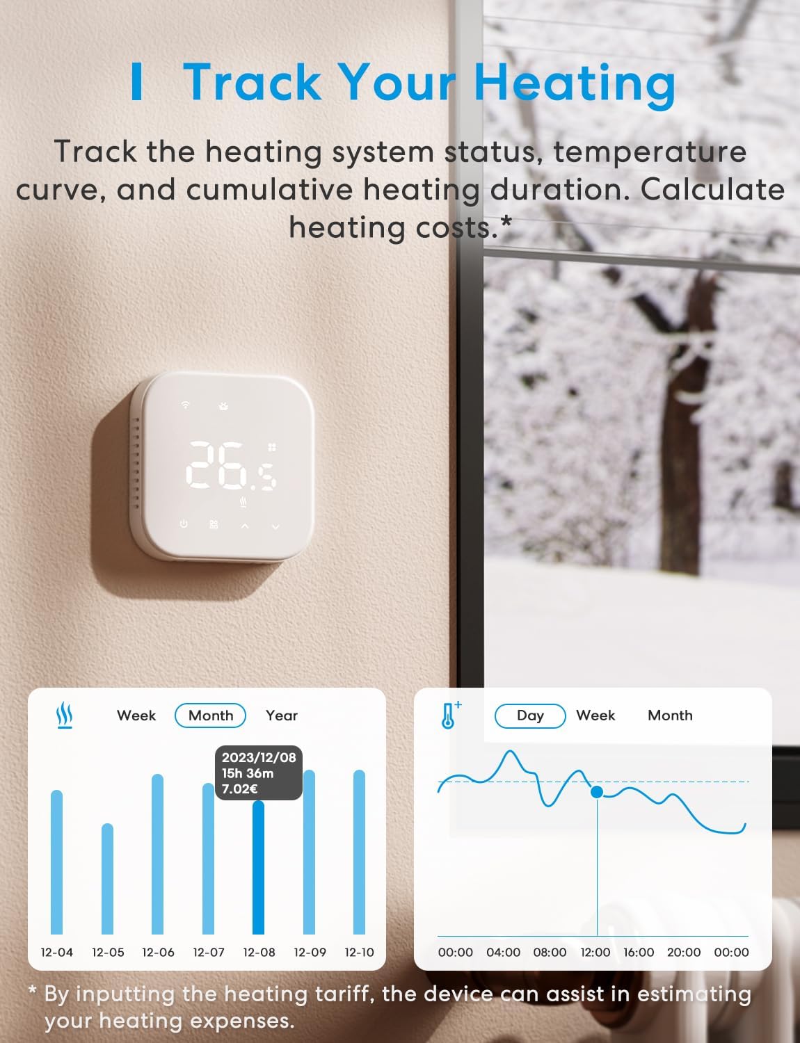 Meross app screenshots showing heating usage statistics and temperature graphs for tracking