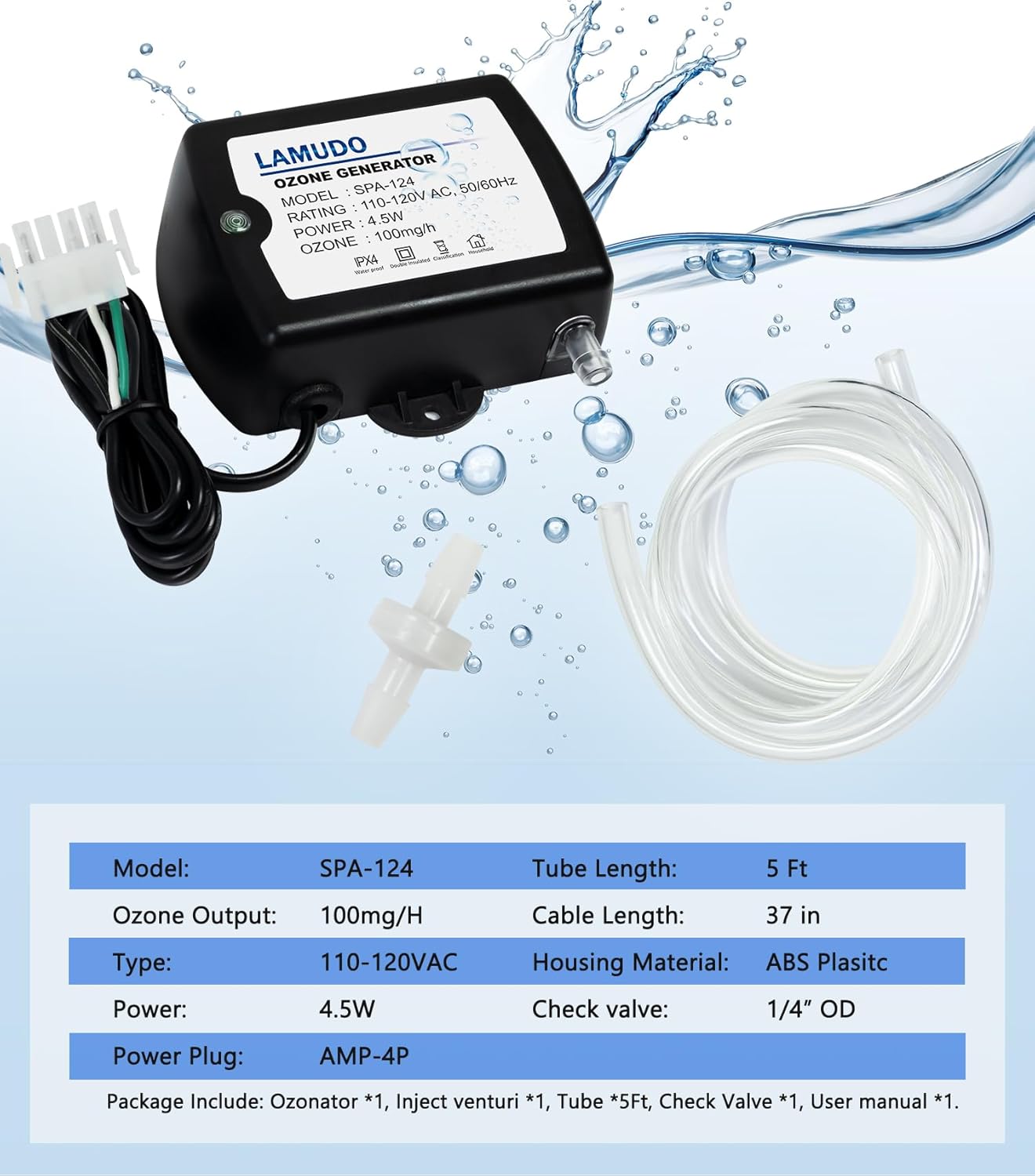 Ozone Generator for Hot Tub and Cold Plunge, SPA-124 Ozonator for Swim Spas, Mini Portable Ozone Machine with Check Valve and Tubes, Replace HCD-55(AMP-4 Plug)
