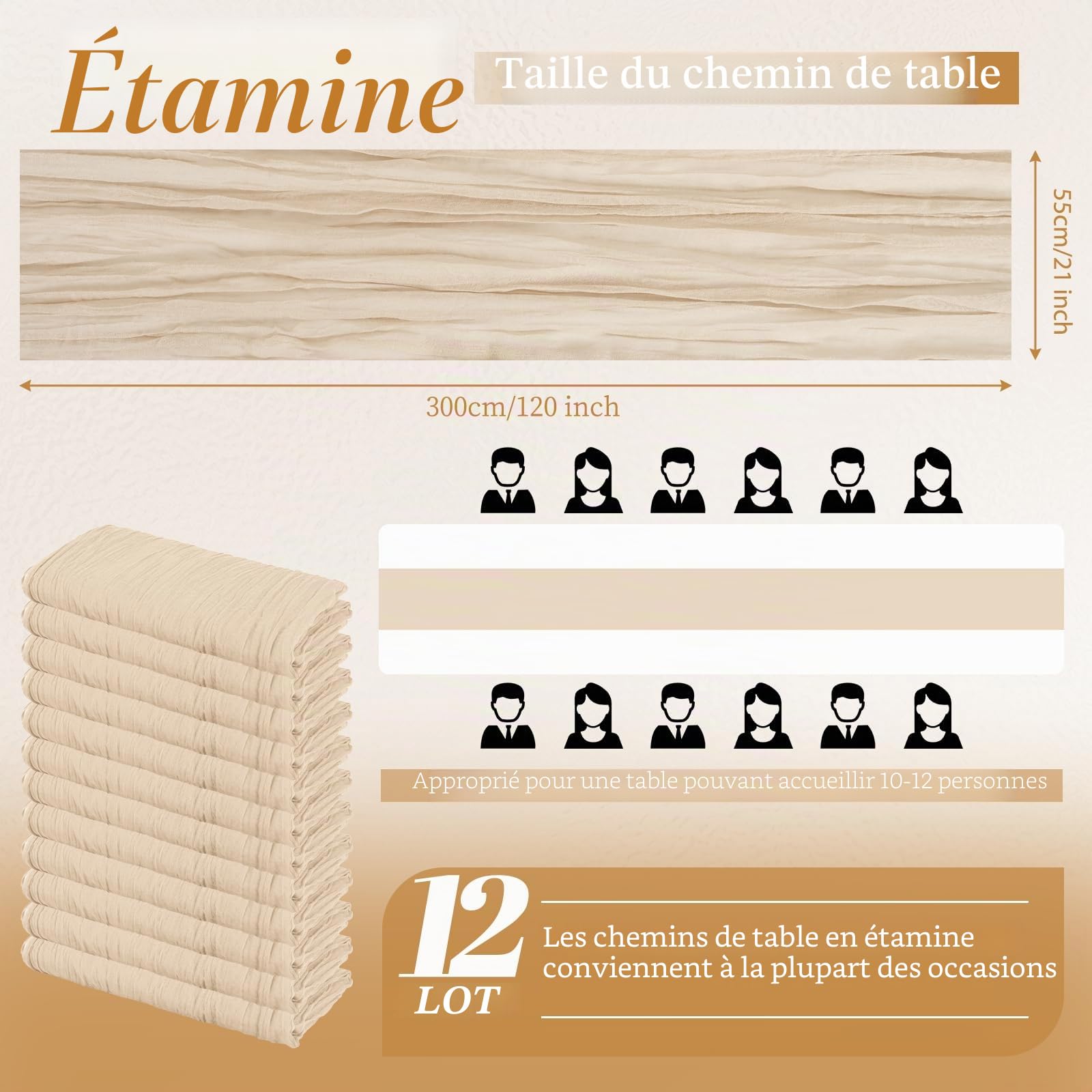 Lot de 12 Chemins de Table en étamine Chemin de Table Bohème en Gaze de 55 x 300 cm, Chemin de Table Rustique et Romantique pour fête de Mariage Thanksgiving décoration de Noël (Beige)