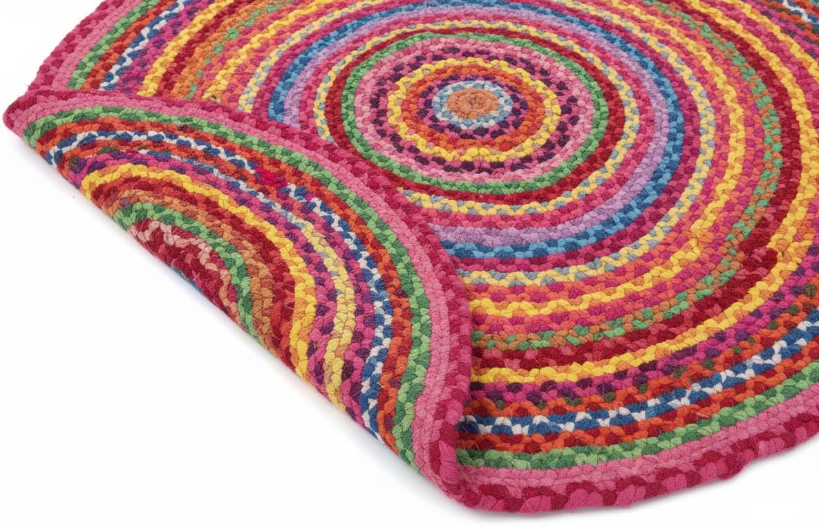 Handwoven Round Cotton Chindi 5' Round Circle Area Rug, Multicolor Braided Design
