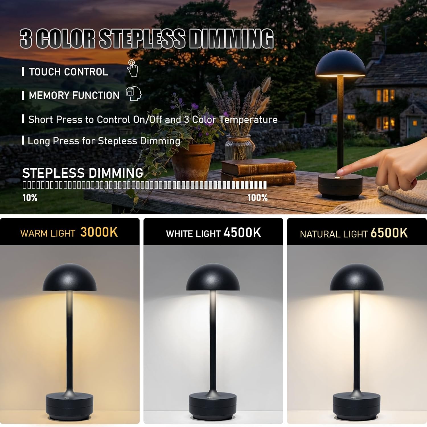 Cordless Table Lamp Rechargeable - LED Table Light Outdoor - 5000mAh Battery Operated Portable Touch Dimmable Lamps for Restaurant Patio Dining Room (Black-1)