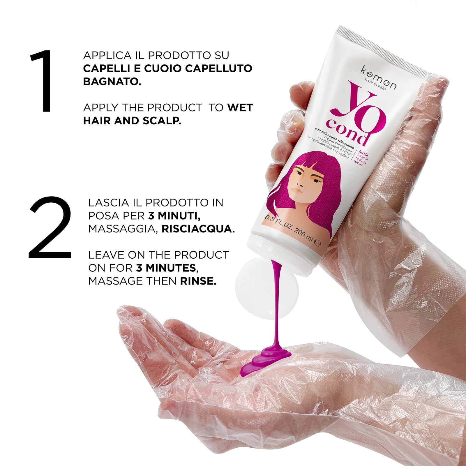 Kemon Yo Cond Fucsia - Maschera Riflessante Professionale con Formula YoVeg e Velian Complex, Nutre e Illumina i Capelli in 3 Minuti, 88% Ingredienti Naturali, 200 ml