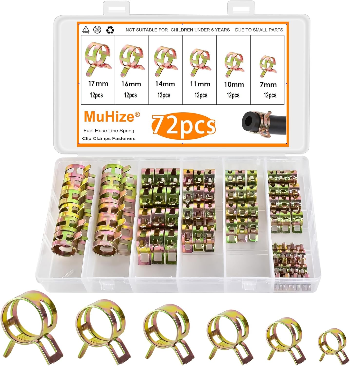 MuHize 72Pcs Spring Hose Clamp Assortment Kit – 6 Sizes (7-17mm) for Fuel, Air, Water & Coolant Lines | Low Pressure Hose Clamps for Automotive, Marine, RV
