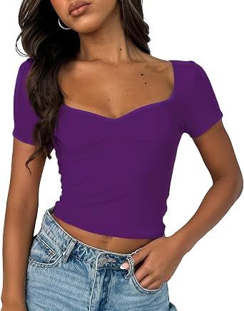 ForeFair Womens Sexy Short Sleeve Going Out Tops Pleated Bustier Shirt Cute Sweetheart Neck Y2K Crop Tee